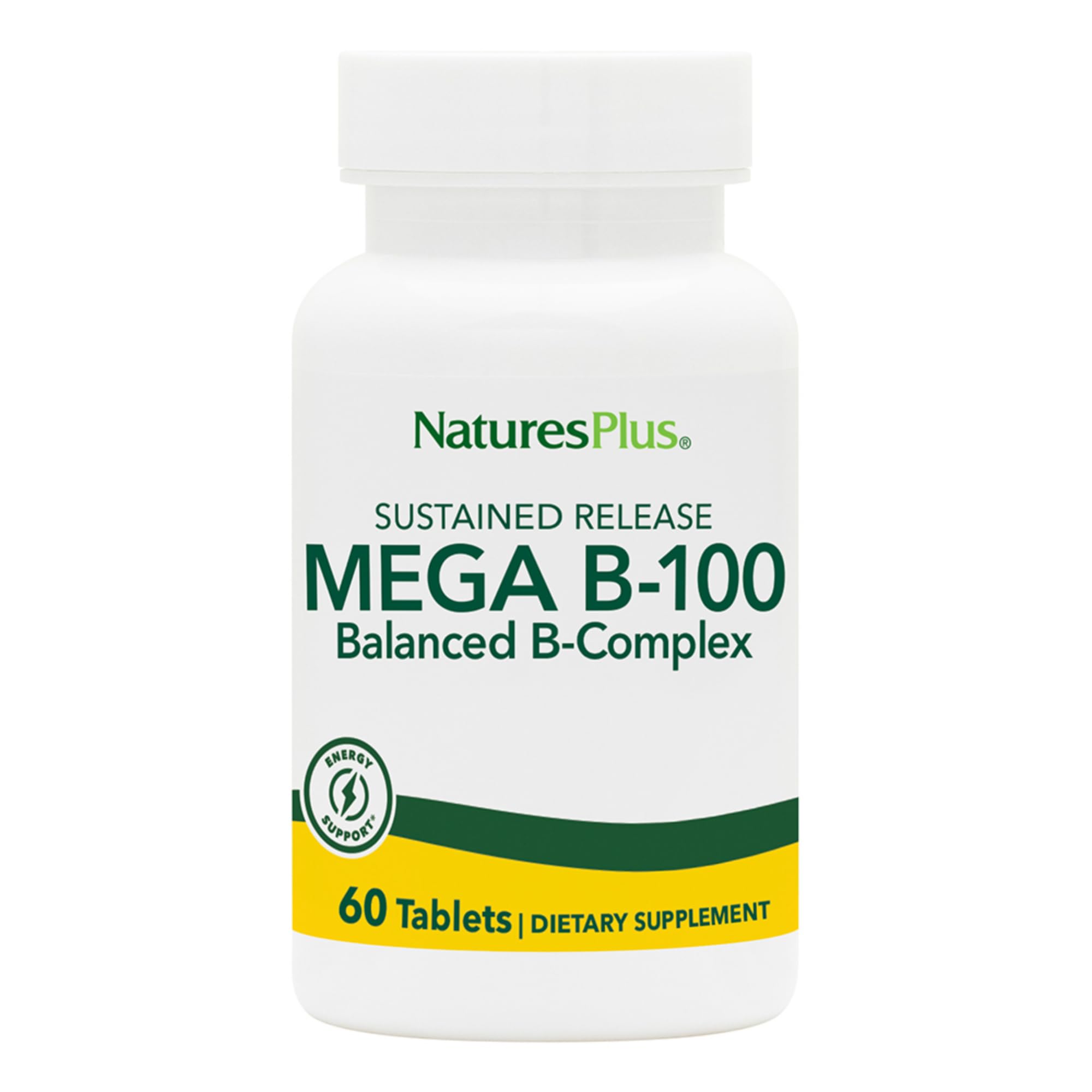NaturesPlus Mega B-100 Complex - 60 Sustained Release Tablets - Balanced B Complex - Energy Support - Vegetarian, Gluten Free - 60 Servings