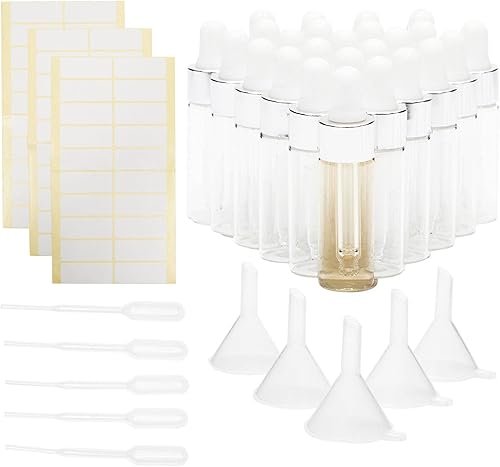 Okuna Outpost Botellas cuentagotas de vidrio transparente de 0.17 onzas, pipetas, etiquetas, embudos (plata, 95 piezas) - Botella con cuentagotas de
