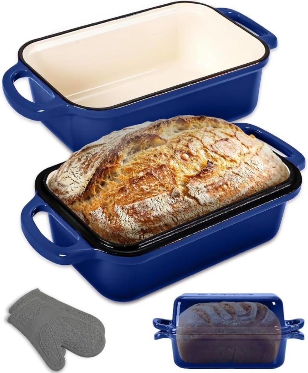 Enameled Cast Iron Bread Loaf Pan, Blue, with Lid and Oven Mitts, Sourdough Baking