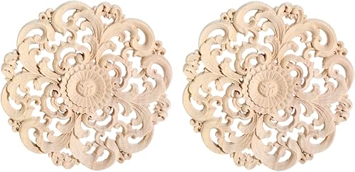MUXSAM Onlays de apliques redondos de madera, paquete de 2 calcomanías de madera tallada sin pintar para pared, armario, espejo, repisa, puerta,