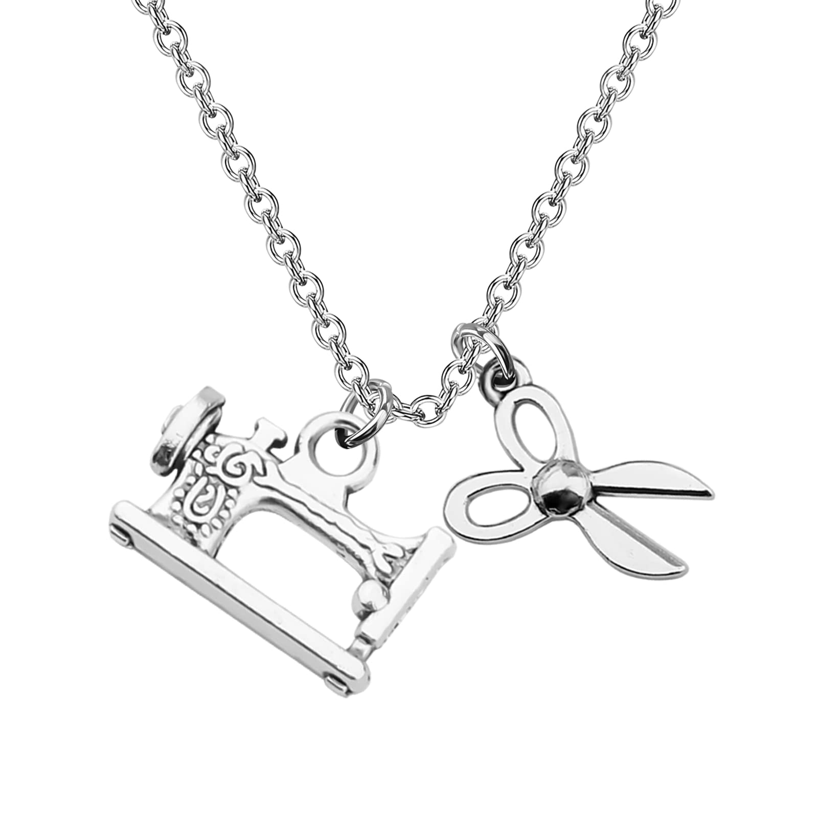 Sewing Machine Necklace With Scissors Charm - Stainless Steel Jewelry Gift For Seamstresses & Quilters