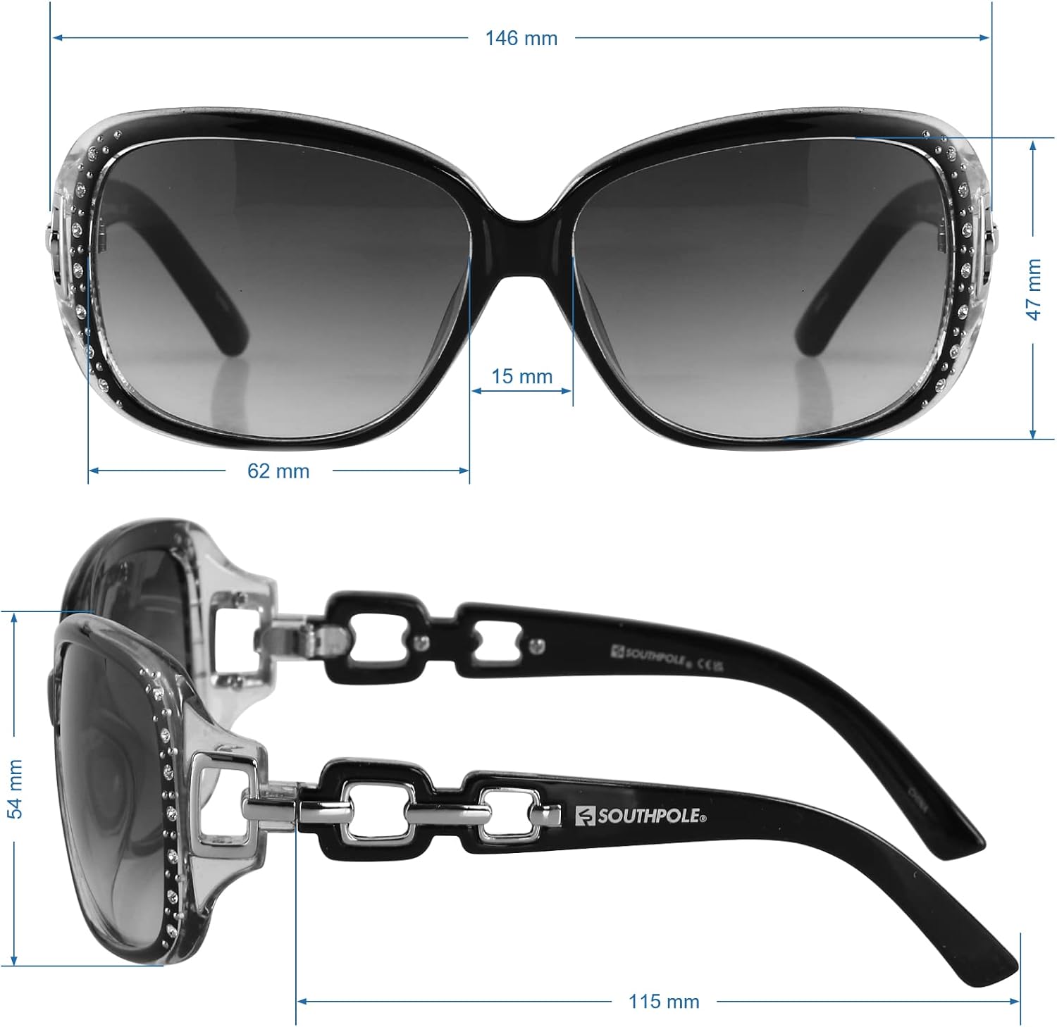 Southpole 1017SP Stylish Rhinestone UV Protective Rectangular Sunglasses for Women. Trendy Gifts for Women, 70 mm