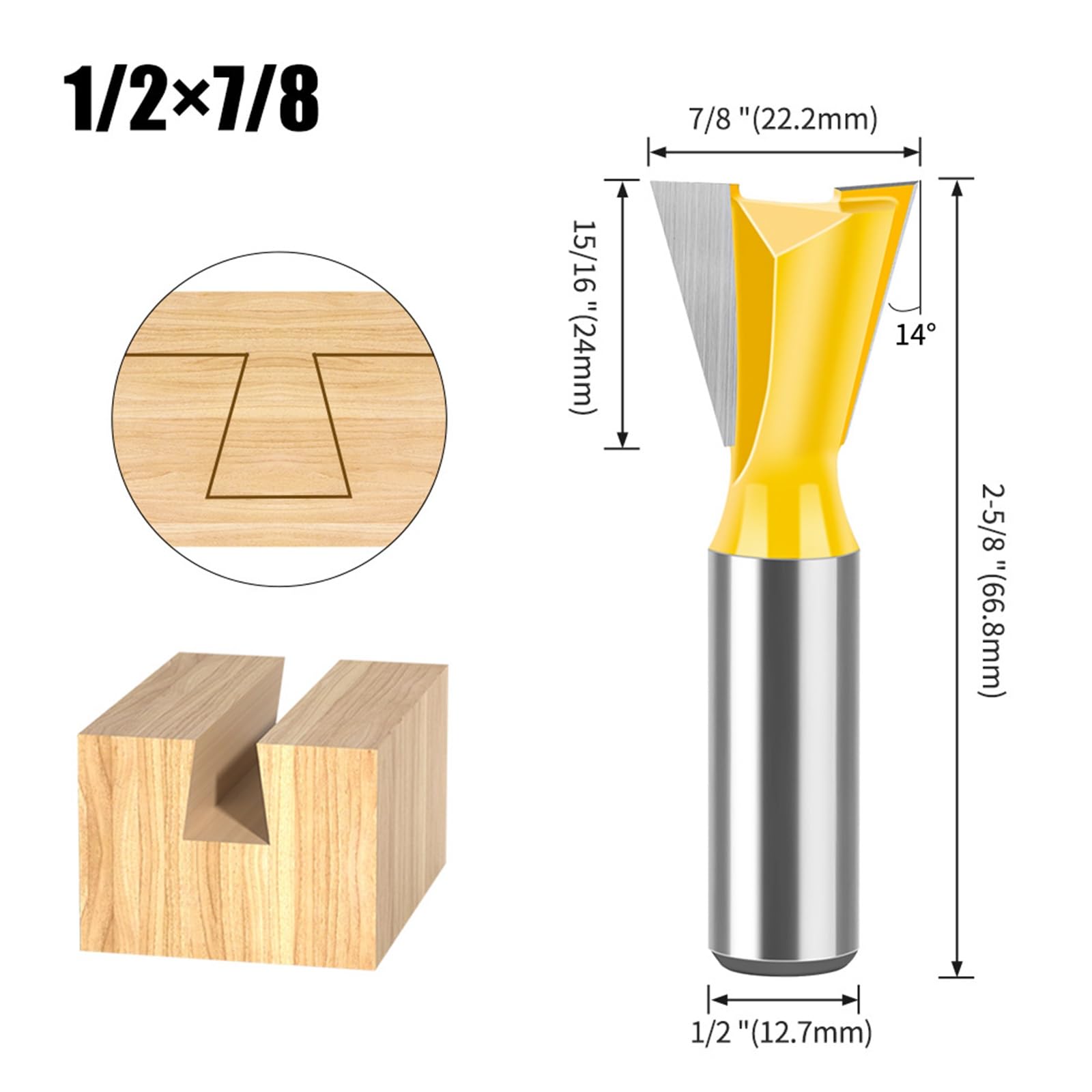 MACHSWON Straight Cut Router Bit Milling Cutter Cutting Dovetail Bit 1/2 Inch Shank,7/8" Cut Diameter Wood Cutting Trimming Cutter Double Flute Straight Grooving Bits for Woodworking Dovetail Bit - Image 2