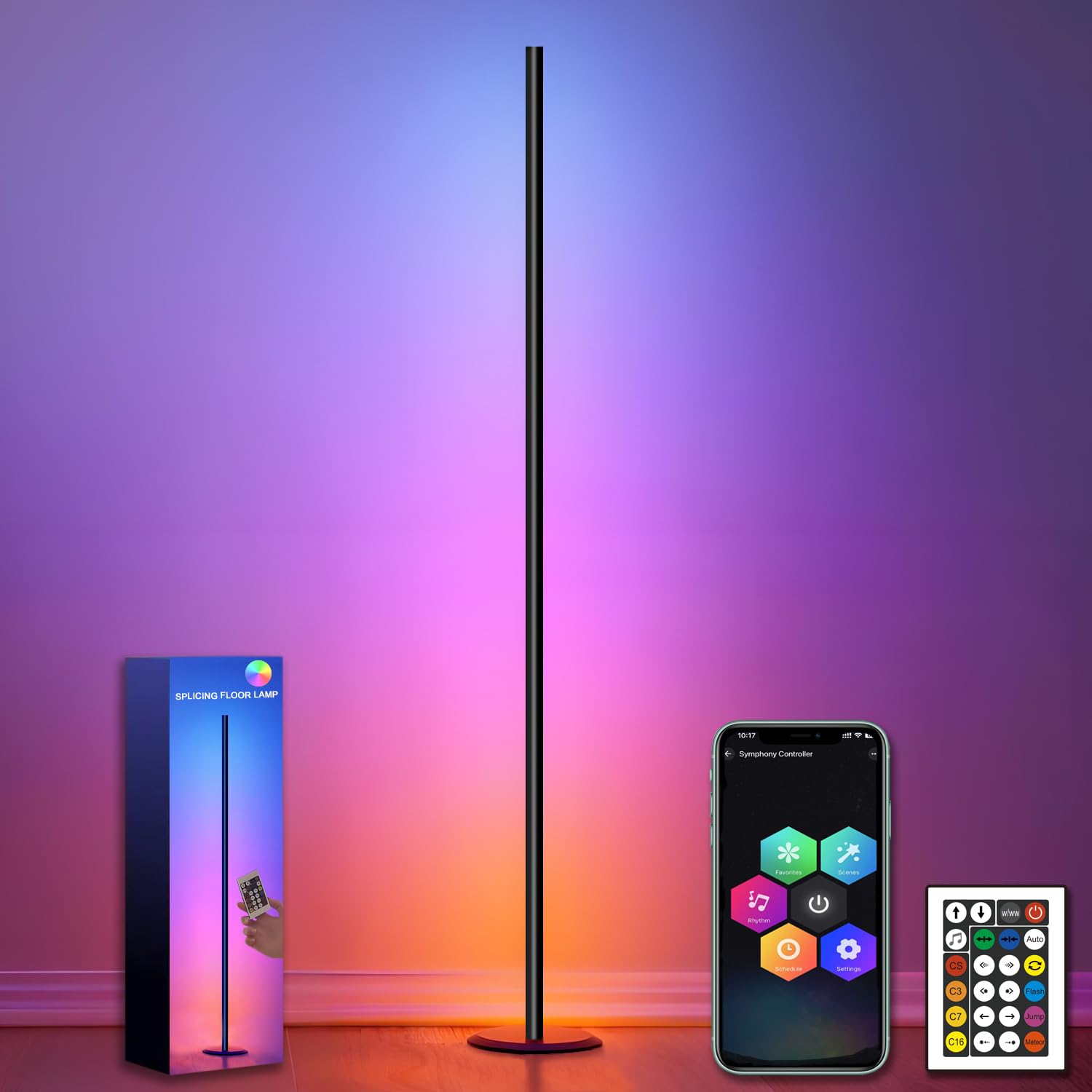 Lámpara de Pie LED,RGB Regulable Lámpara de Pie con Control Remoto y APP,Sinc Musica,16 Millones de Colores,46 Modos de Escena,Luz de Esquina para Salon,Dormitorio,Juegos,Negro