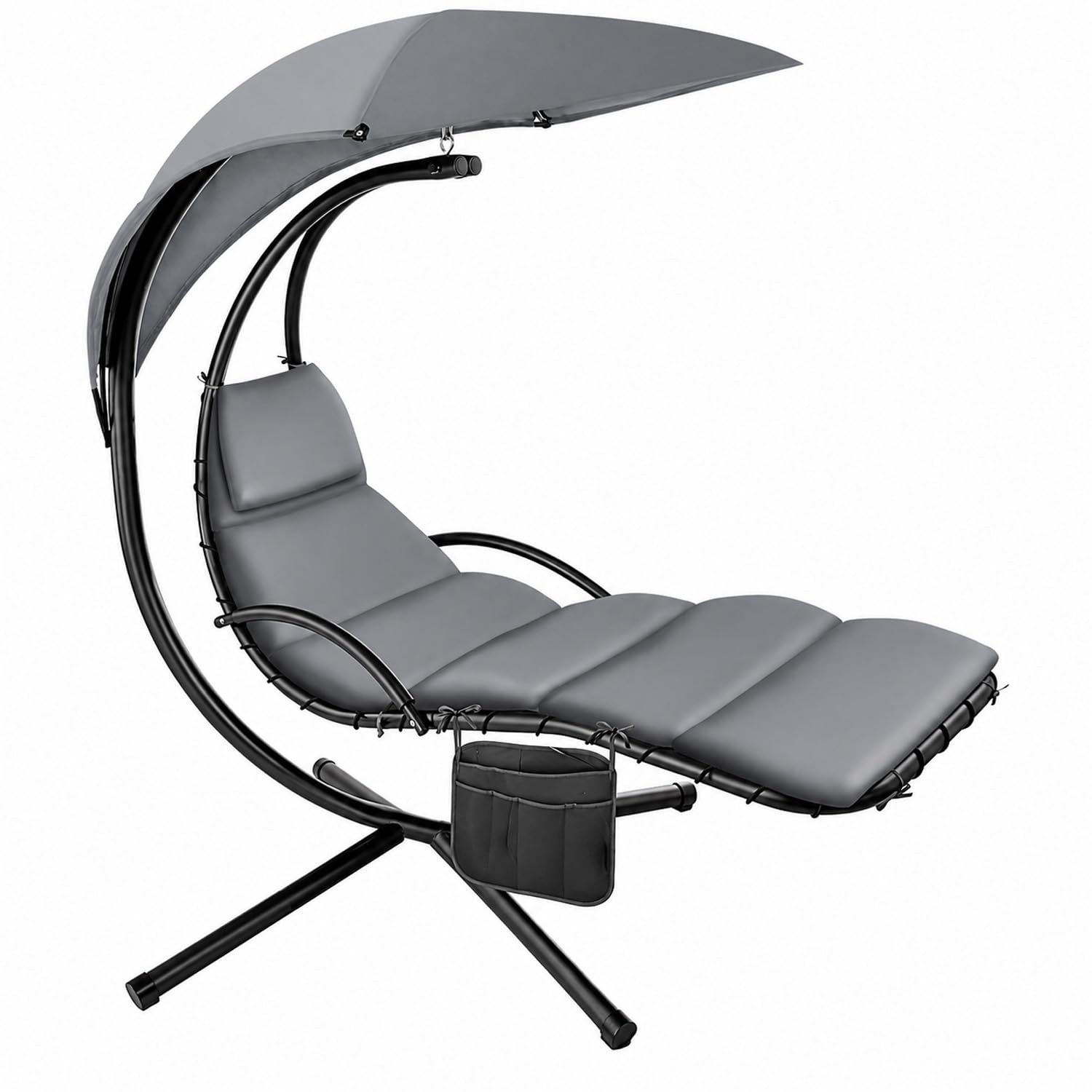 BRICOZONE Sdraio a Dondolo Sospesa con Ombrellone Parasole Integrato Cuscino Imbottito Amaca da Giardino in Acciaio e Poliestere per Esterno Terrazzo Bordo Piscina 195 x 132 x 197 cm Grigio
