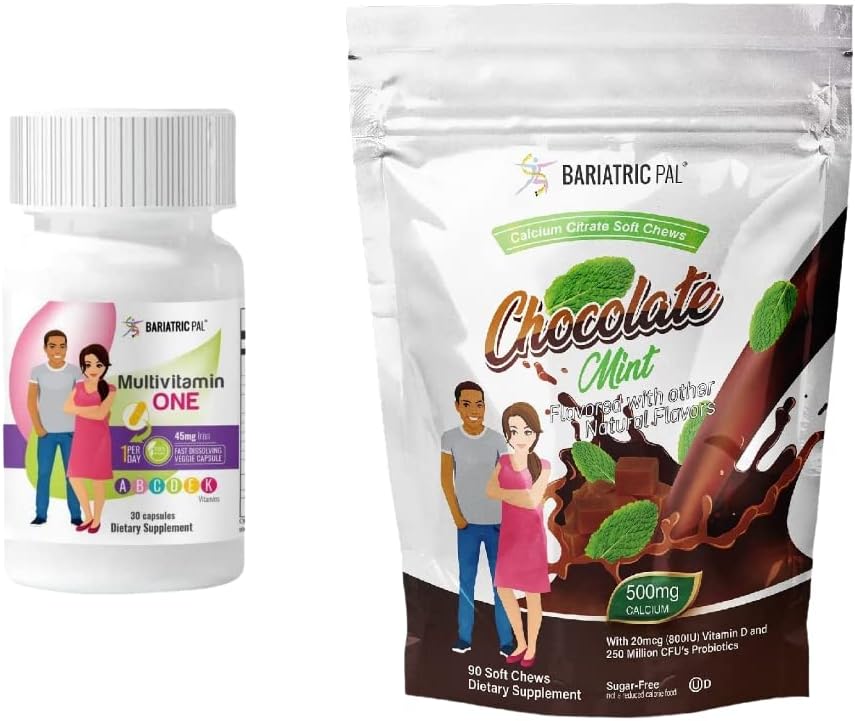 BariatricPal 30-Day Bariatric Vitamin Bundle (Multivitamin ONE 1 per Day! Capsule with 45mg Iron and Calcium Citrate Soft Chews 500mg with Probiotics - Chocolate Mint)