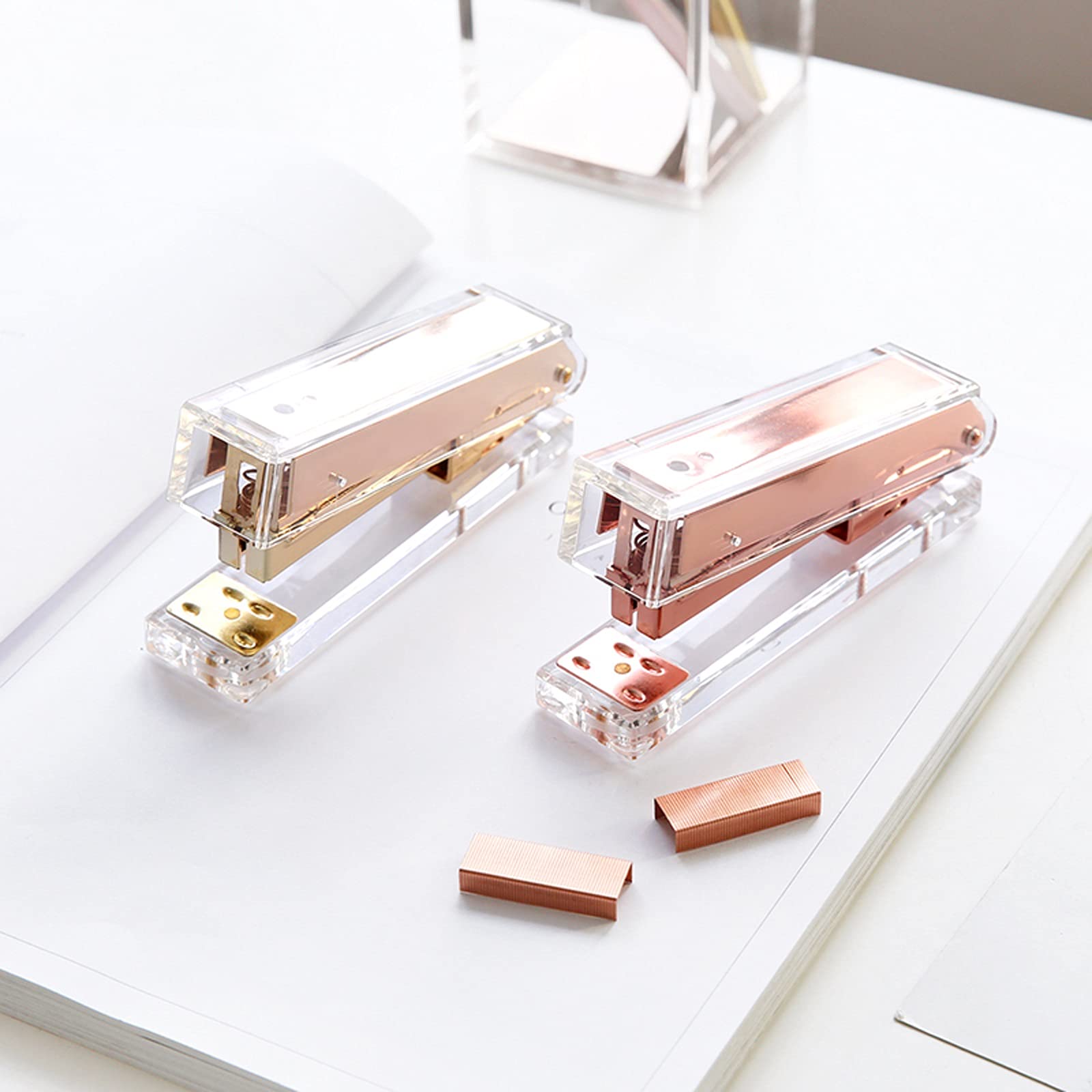TOMYEUS Hefter Hefter Handheld Hefter Metall Acryl Hefter 24/6 26/6 Fügen Sie 1000 stücke Heftklammern Home Office Supplies Rose Gold Gold Heftklammern (Color : Rose Gold Stapler)