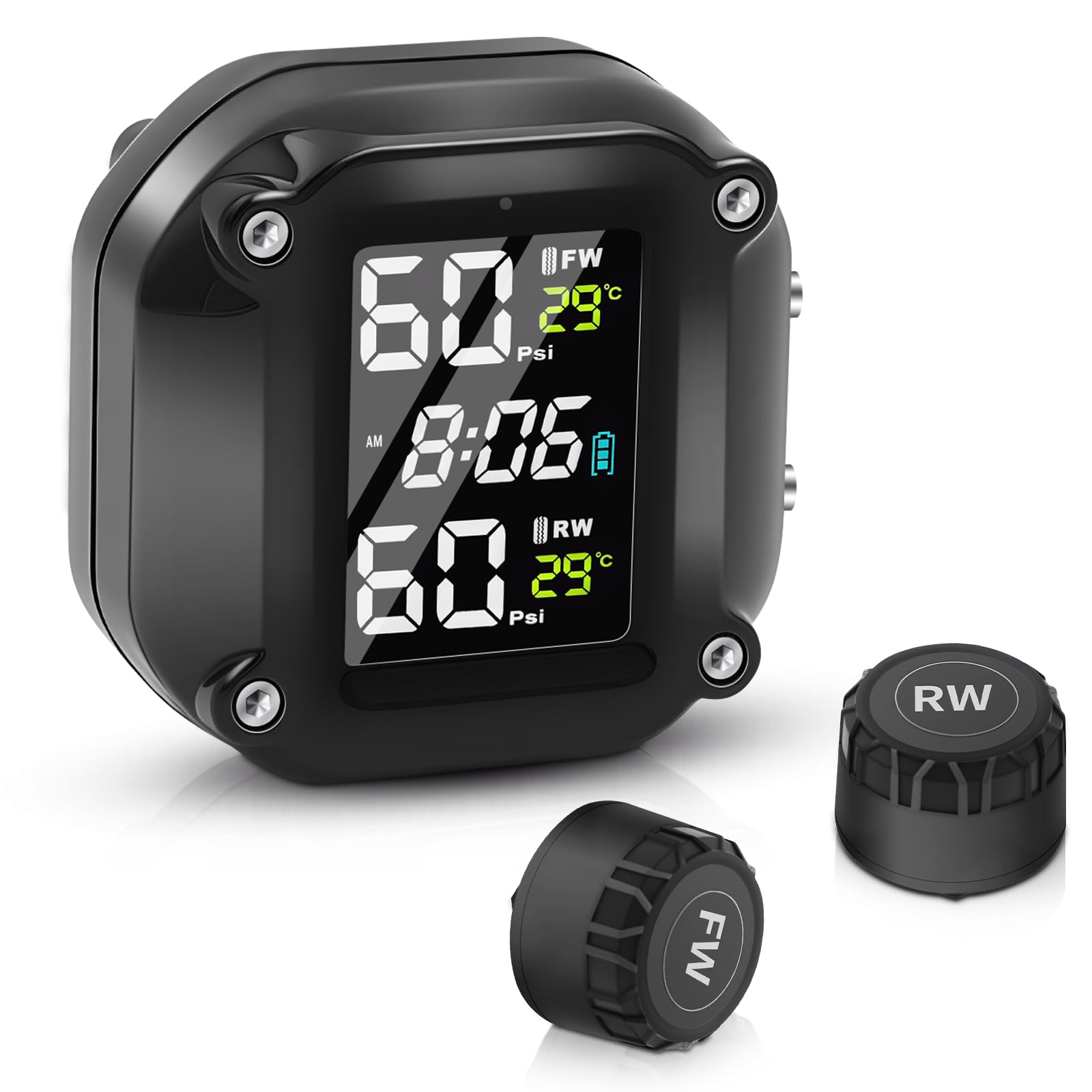 TPMS Système de Surveillance de la Pression des Pneus pour Moto, 5 Modes D'alarme, Recharge USB Magnétique, Conception étanche IP67, avec 2 Capteurs Externes sans Fil