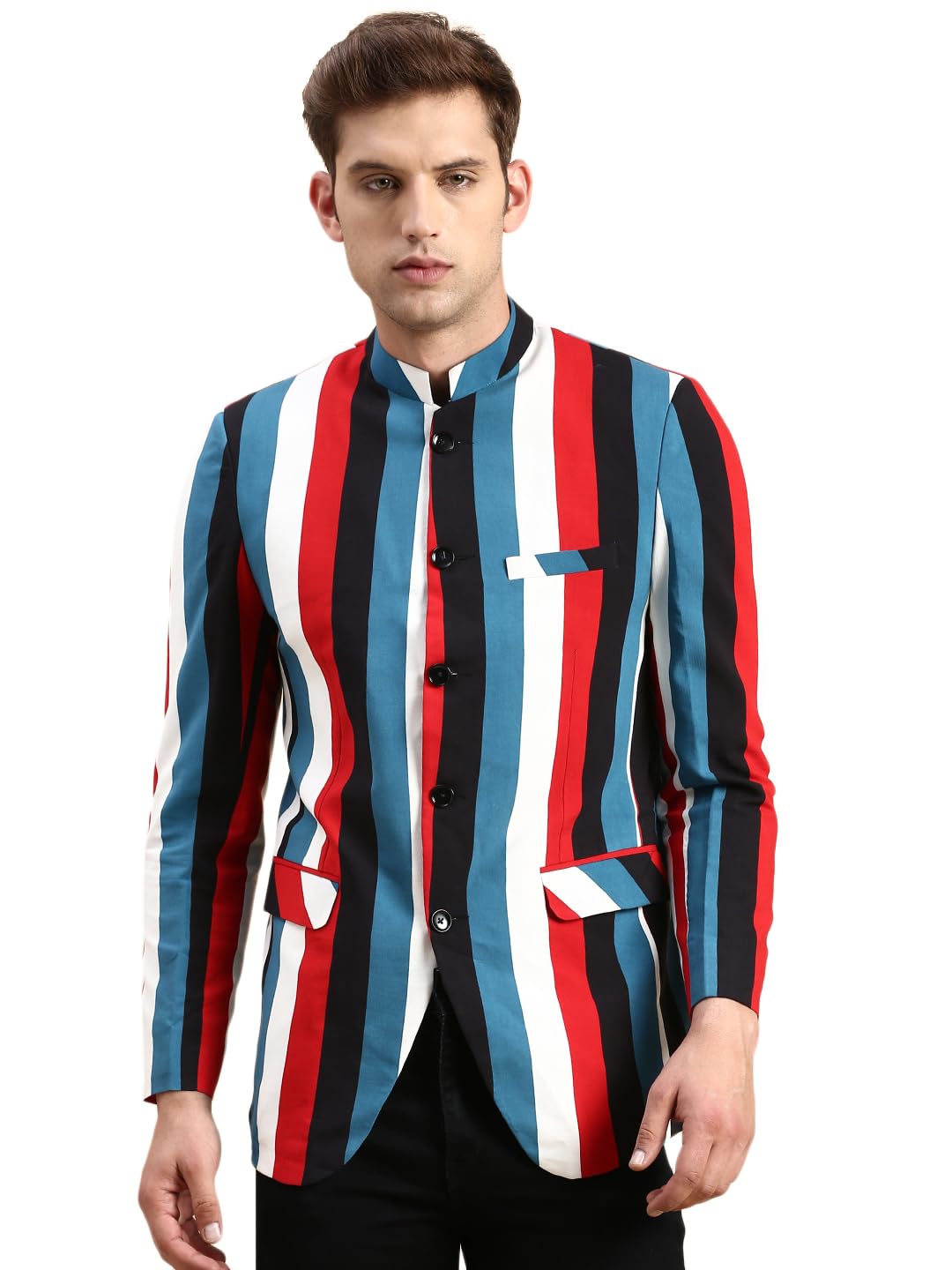 showoffff SHOWOFF Men's Striped Mandarin Collar Slim Fit Bandhgala Multi Blazer-SOBLZ-79-4_Multi_XL Multicolour-picture-34