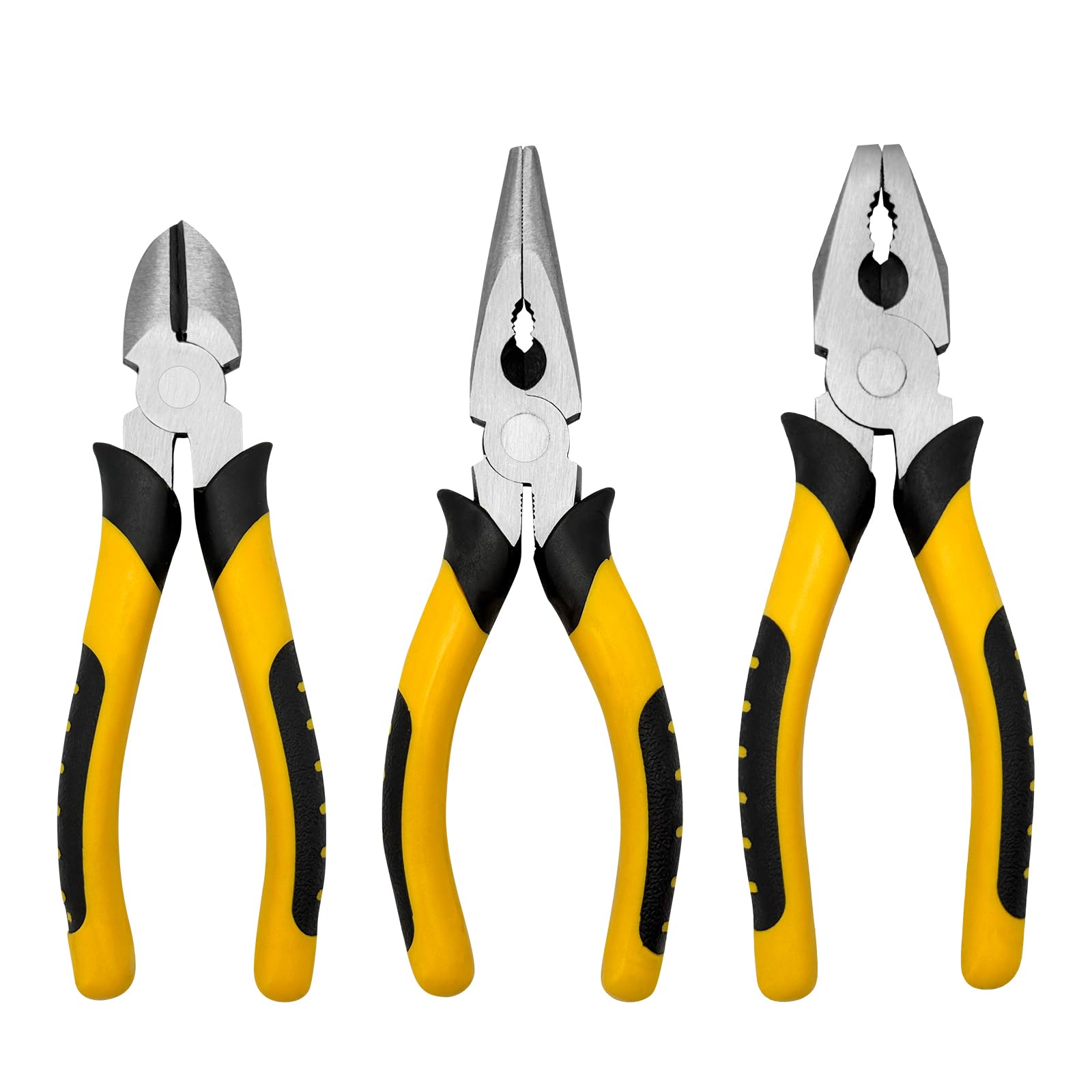 Hyshlc Black And Yellow 3 Pcs Pliers Set 160Mm With Soft Grip Handles, Carbon Steel Long Nose Plier, Combination & Diagonal Cutters With Ergonomic Handles For Diy Projects, Electricians, Plumbing, Automotive Repair