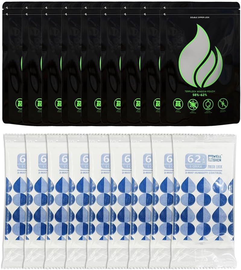 20 Packs Fresh Lock Mylar Storage Bags with 69% RH Humidity Control, Multiple Sizes 3.5g-2 lb, Green Mylar Pouch With Window (Green, 11 x 13.8 in(0.5LB))