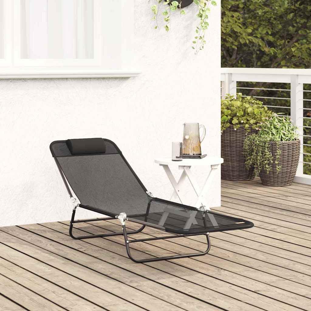 Składany leżak do opalania, czarny, 182 x 55 x 85,5 cm, tekstylenowy leżak ogrodowy na taras, basen, plażę, balkon, kemping, regulowane oparcie