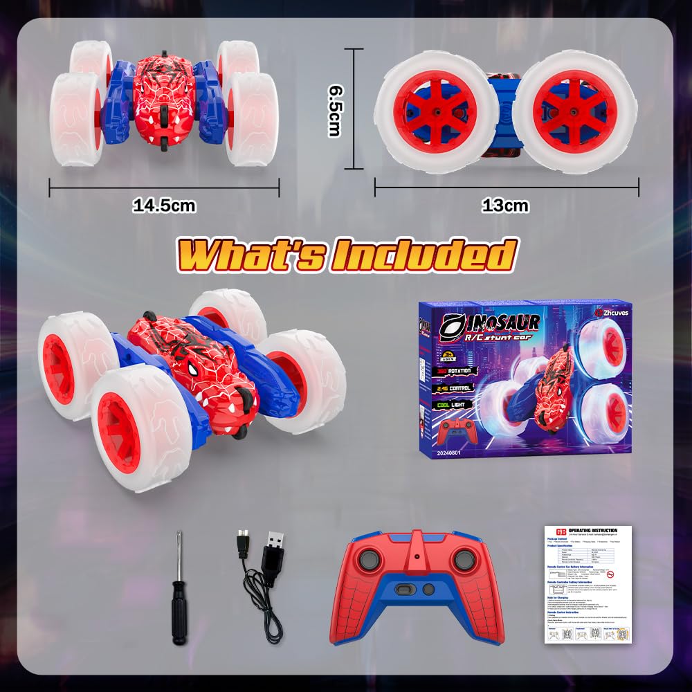 Mieryd Spider Voiture Télécommandée Enfant, 360° Rotation Stunt Véhicule avec LED, Multi-Terrain Remote RC Car, Monster Truck Jouet Extérieur Jeux Anniversaire Noël Cadeau Garçon 3+ Ans