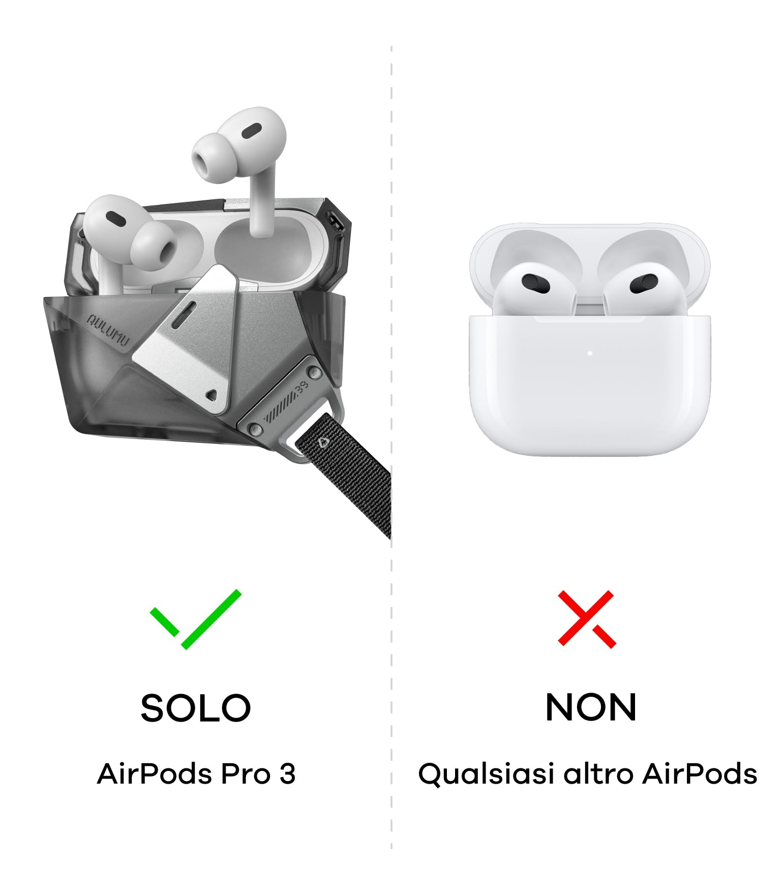 Aulumu A39 Cover per AirPods Pro 3 (2025) Custodia Geometrica con Serratura e Cordino, Case Cover Protettiva con Fibbia in Nylon, Armatura in Lega, Protezione Totale Contro le Cadute, Nero