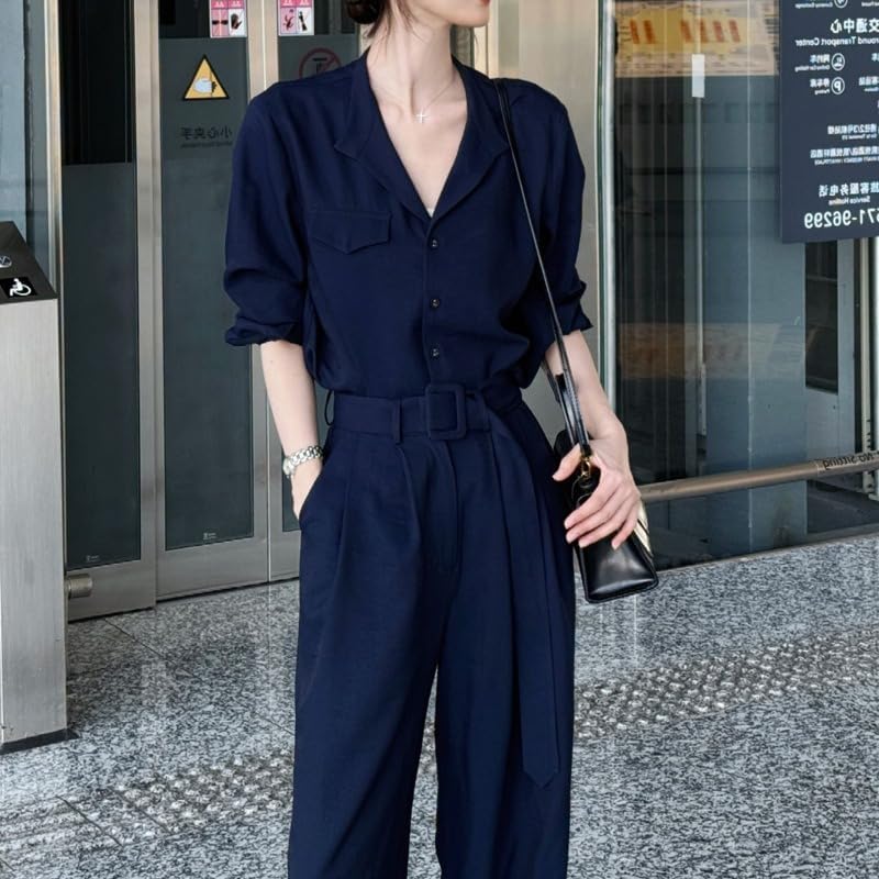 Women Summer Two Piece Set V Neck Shirt Straight Pants Casual Work Outfit