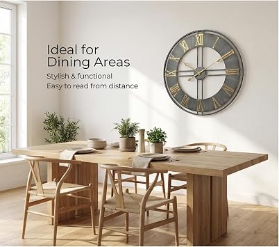 Industrial Roman Numeral Wall Clock – 60cm/23.6inch Vintage Decorative Metal Clock with Open Frame, Brushed Finish, and Gold Roman Numbers for Living Room, Kitchen or Office