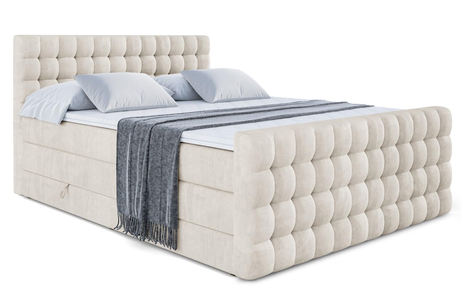 ALTDECOR Boxspringbett mit Matratze und Lattenrost, Topper, Fußteil, Polsterbett mit Bettkasten, Bett mit Stauraum H3- und H4- Matratze,Springboxbett - VIONE-Z King - 200x200 - Beige Samt