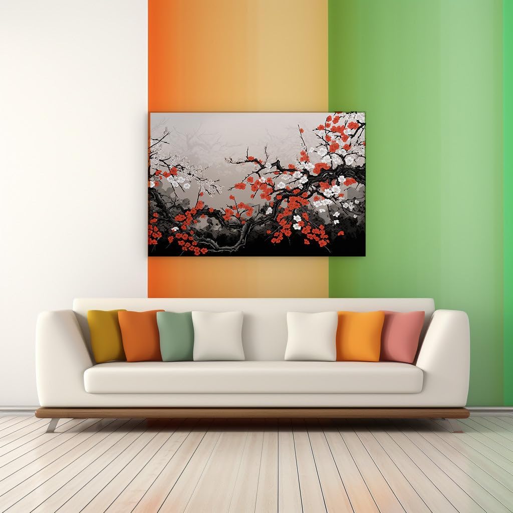 Canvas for Living room. Blossoming Contrast: The Enigmatic Black Tree Adorned in White and Red, 27 x 18 inch Canvas Wall Art - Modern Home Decor - 69x46 cm (27x18 inch)