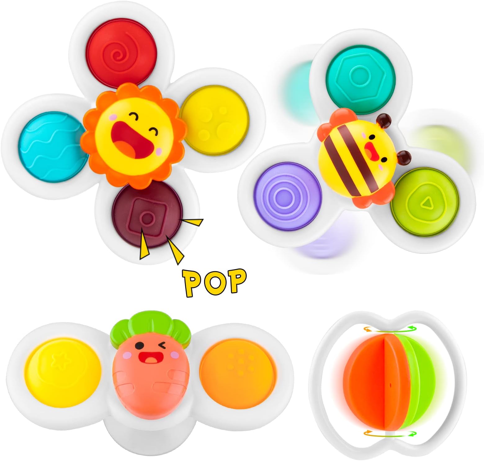 FPVERA Suction Cup Spinner Toys - Baby Bath Toys with Suction Cup Silicone Flipping Board, Baby Sensory Spinner Toy Release Stress and Anxiety Kids Travel Toys Gifts for Toddler Boy Girl, 4PCS