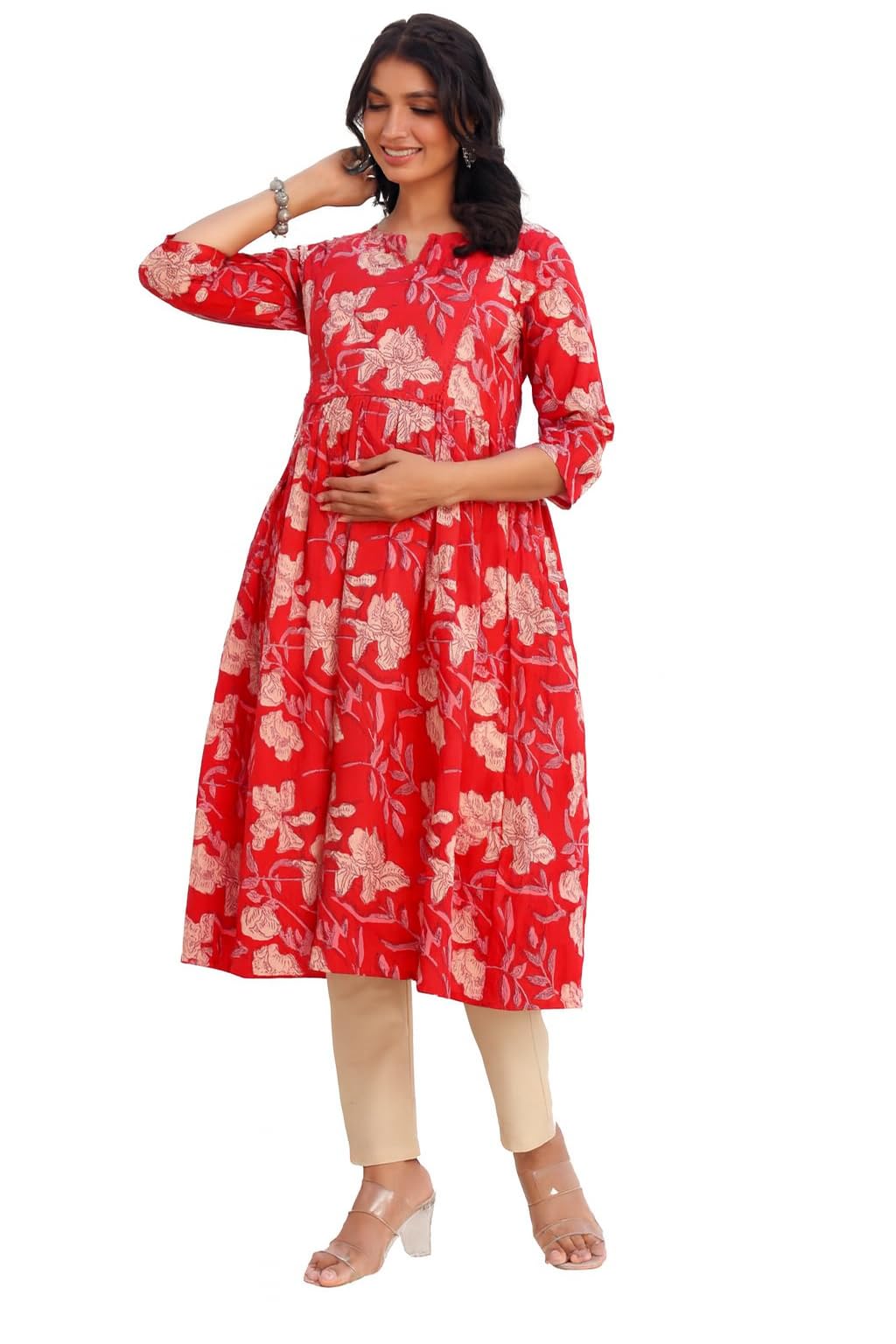klubbies Maternity Cotton Kurta, Red Floral Print, Soft Breathable Fabric, Comfortable Fit for Pregnancy-picture-17