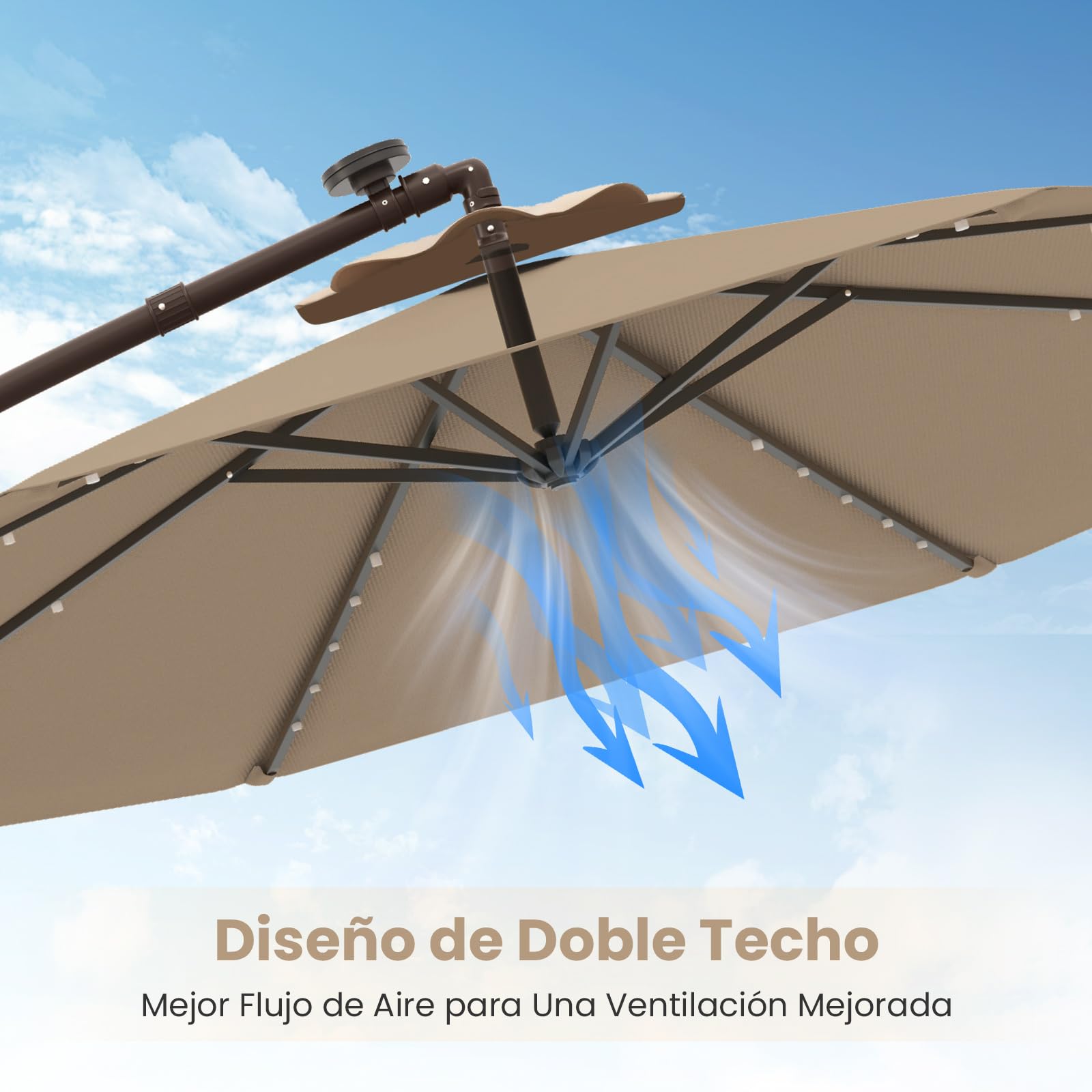 COSTWAY Sombrilla Terraza Exterior con Base, Parasol Excentrico 3x3 con 40 Luces LED, Sombrilla Jardin Inclinable con Manivela, Patio, Jardín, Terraza, Piscina, Playa (café)