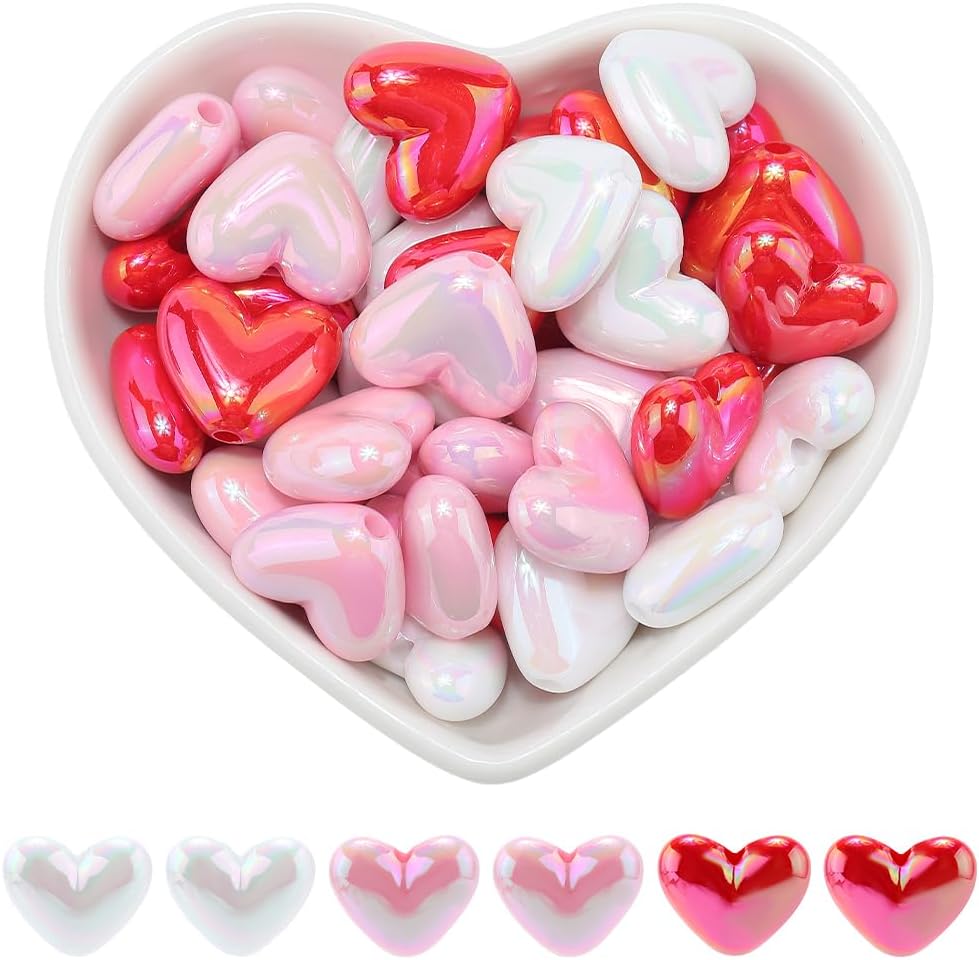 1 Box 60Pcs 3 Colors AB Heart Beads Valentine's Day Beads Large Acrylic Love Mother's Day Holiday Focal Pink Heart Beads for Crafts Bracelet Necklace Earrings Pen Hairband DIY Jewelry Making