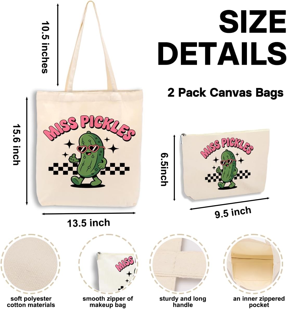 jeilink Funny Pickle Gifts Pickle Lovers Gift Bow Canvas Tote Bag Makeup Cosmetic Bag for Women Girls Birthday Christmas image 4