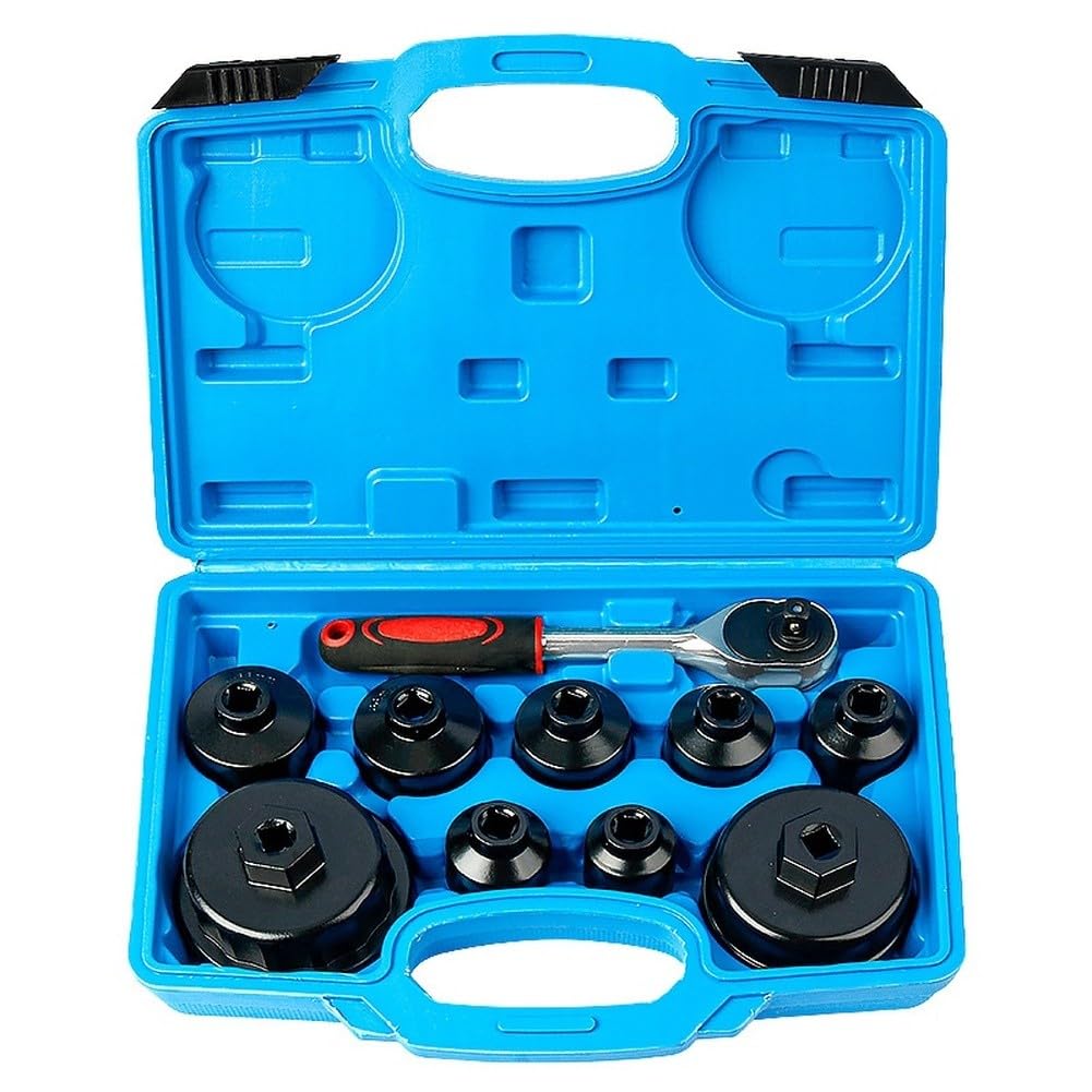 Juego de 10 llaves de filtro de aceite estilo tapa, aleación de aluminio, kit de llaves de vaso de 3/8 pulgadas de 24 mm a 38 mm para Toyota para Lexus BMW, color azul con estuche de