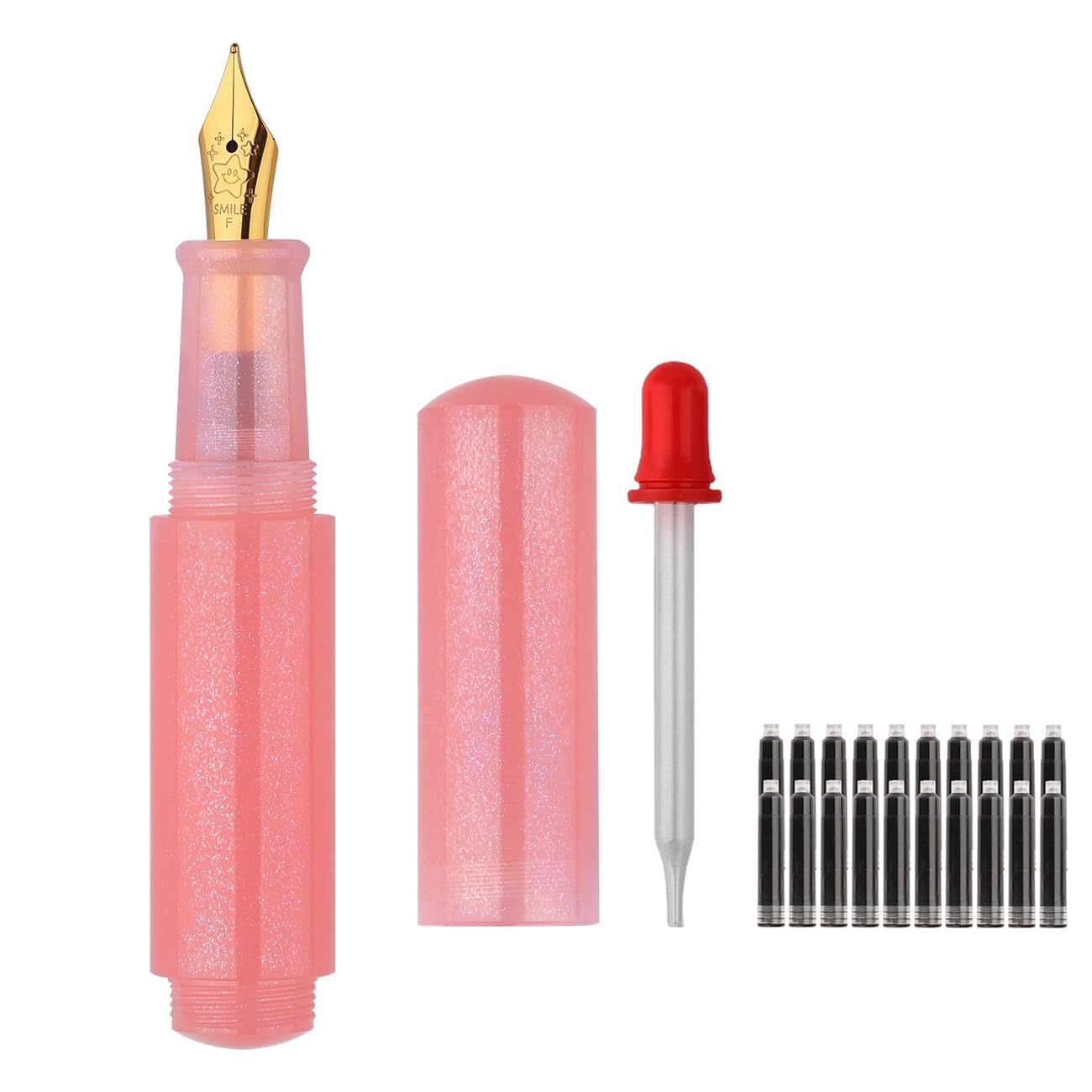 SIPLIV Wancai Mini Candy-colored Fountain Pen Pocket-Size Travel Pen with Short Size Eyedropper and 20 Black Ink Cartridges - Iridium Fine Nib, Red