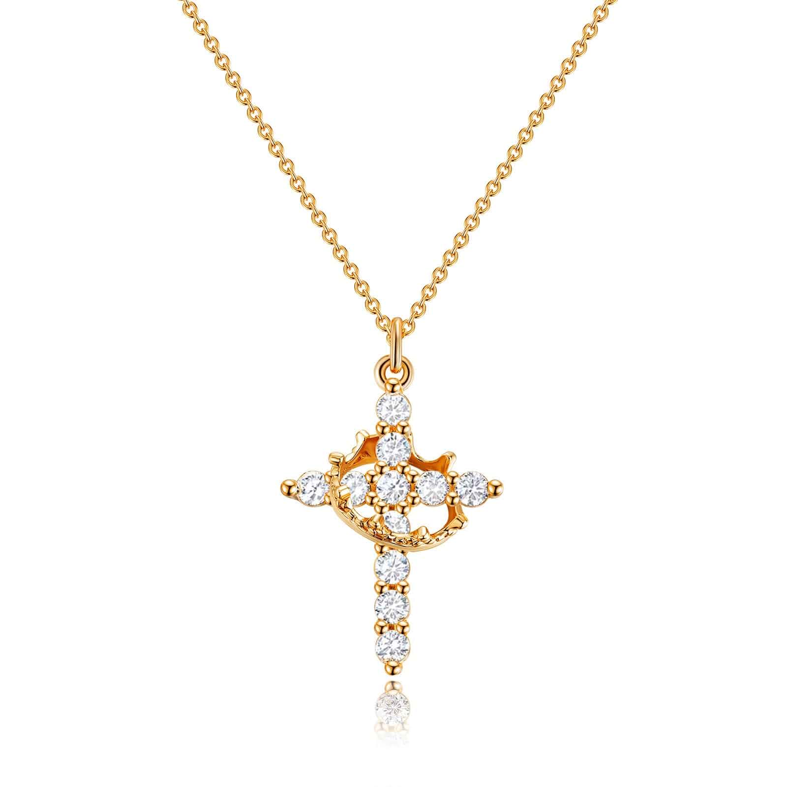 Robaice Upgraded Crown Cross Necklace for Women, 14K Gold Plated Non-Tarnish Dainty Christian faith pendant for Gifting, first communion, baptism, birthdays and everyday wear