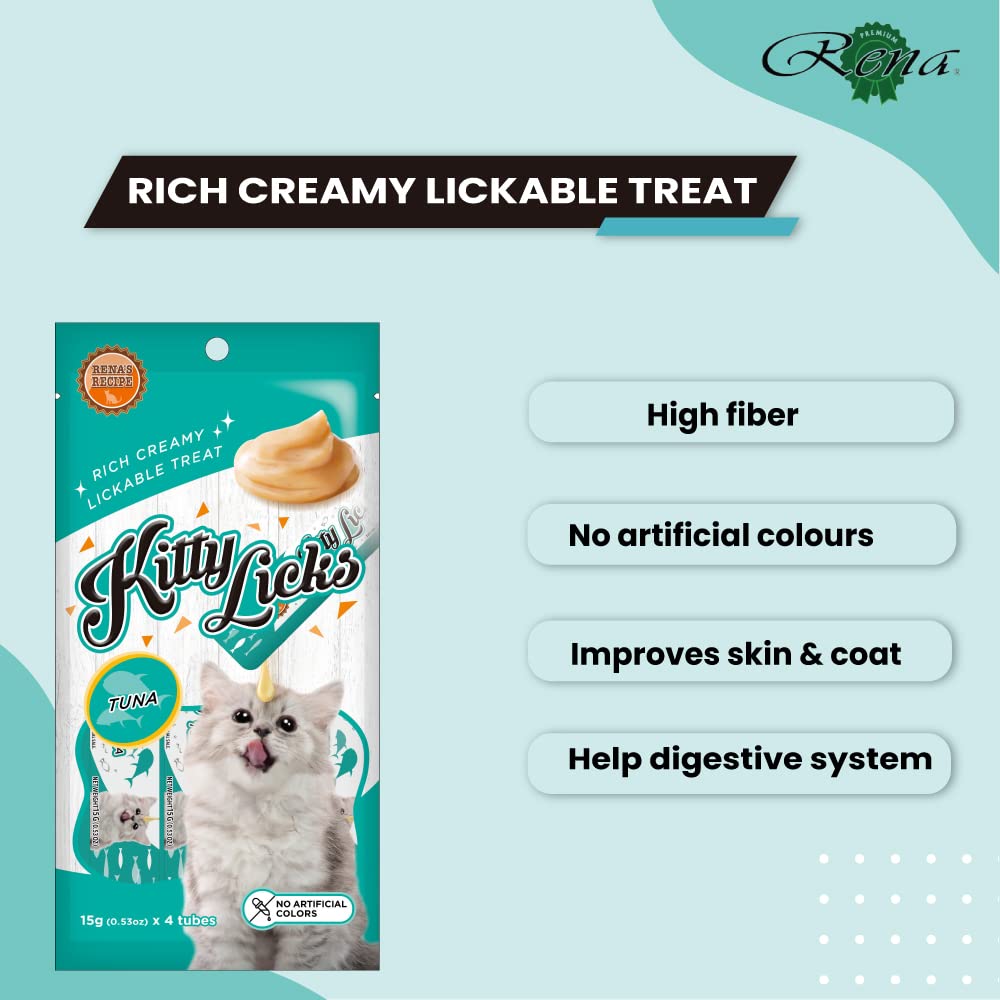 Rena Kitty Licks Cat Treats for Kittens | Creamy Lickable Snack with Omega-6 & Zinc | Smooth Tuna Flavour | Soft Supplementary Food | Pack of 12 Tubes 1