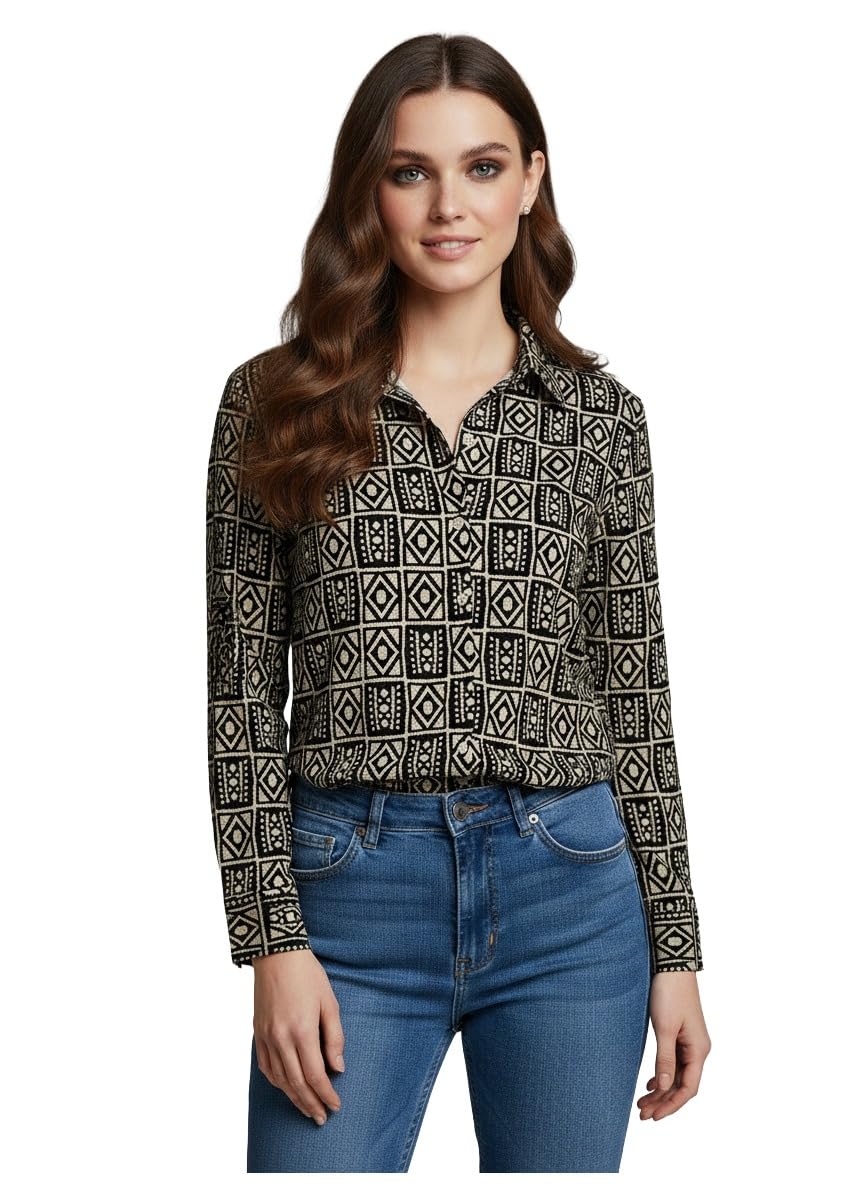 ANNI Designer Bedrucktes Damenhemd aus Baumwollmischgewebe, langärmelig, normale Passform, Hemdkragen, legere Bürokleidung, elegante Western-Kleidung für den Alltag, Hochzeit, Party