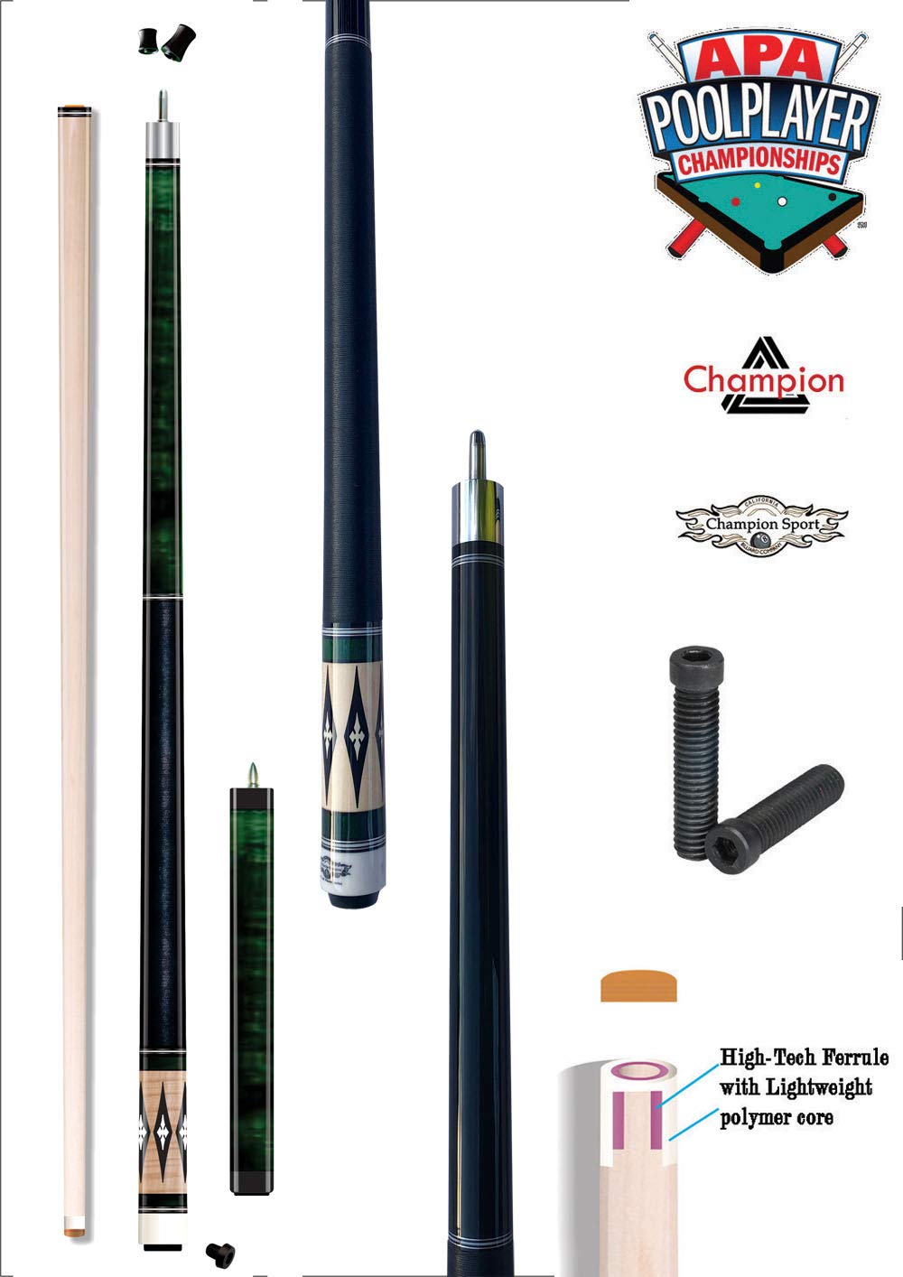 2021 Champion Lost Pieces Series Noroc Pool Cue Stick, Low Deflection Pro Taper, Cue Extension (LPC504-U Cue 19oz + 11 inch Green Bullet Cue Joint Extension, 13mm Tip Size)