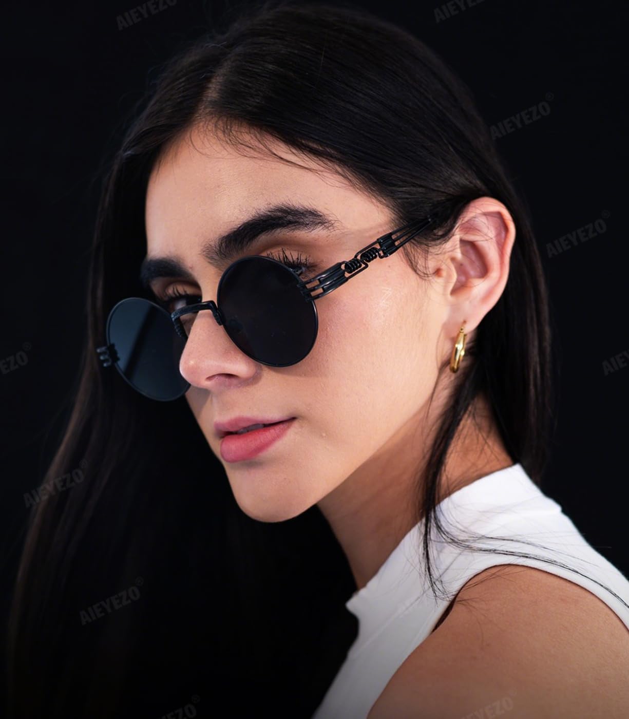 AIEYEZO Round Steampunk Sunglasses for Men Women Retro Circle Hippie Glasses Metal Frame 100% UV Blocking Lens - Image 3