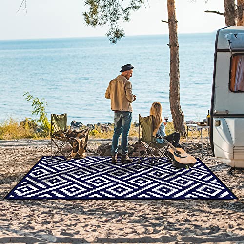 Image of GENIMO 5'x8' Outdoor Rug Waterproof, Reversible Light Camping Mat, Plastic Straw Rugs for Patio, RV, Camper, Balcony, Backyard, Picnic, Deck (Light Navy Blue & White)