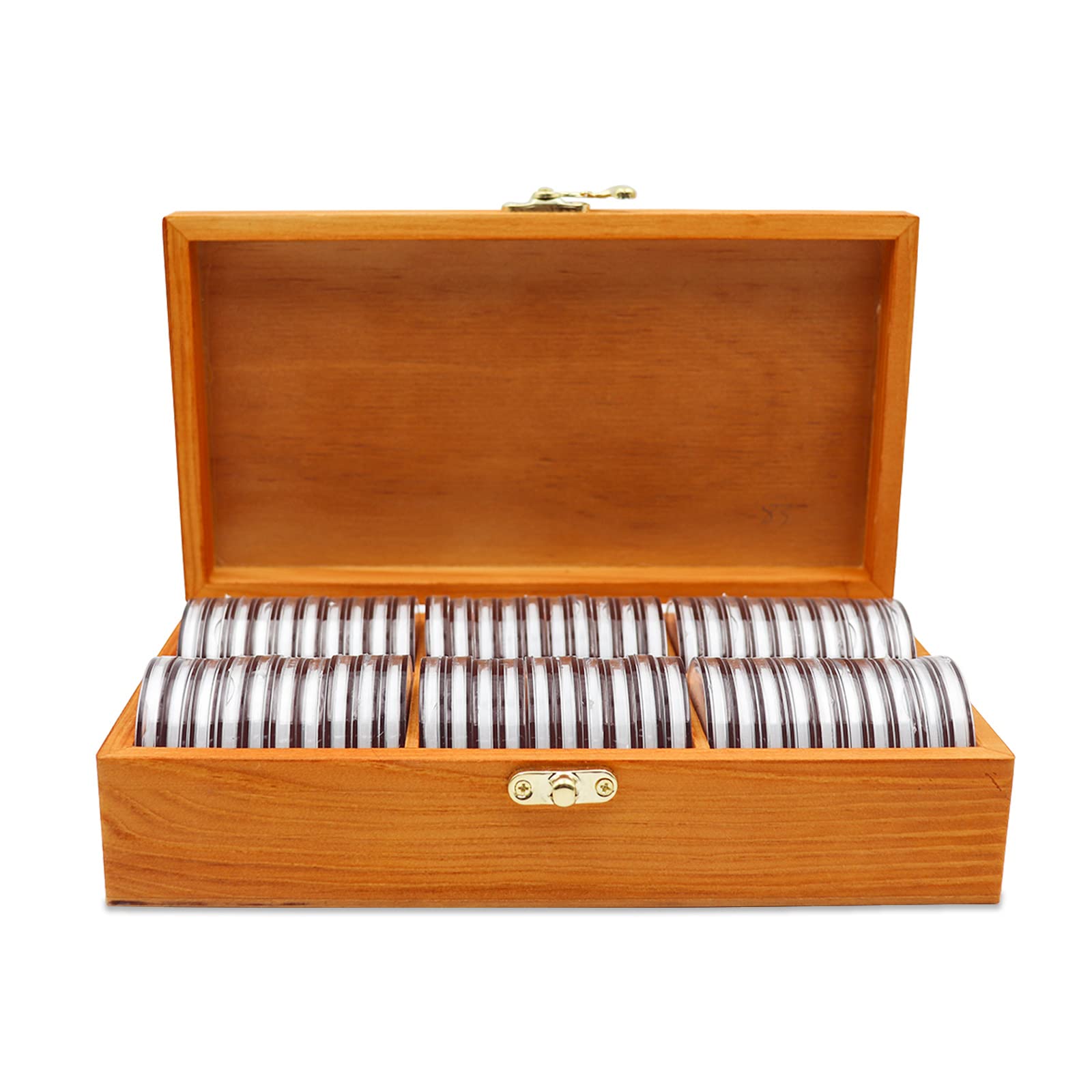 20-46 mm Holz Münzhalter, 60 Stück Hochtransparente Münzkapseln mit Schaumstoffdichtung, Münzen Sammelkoffer Halter, Professionelle Münzaufbewahrungsbox für Münzsammlung (Bronze)