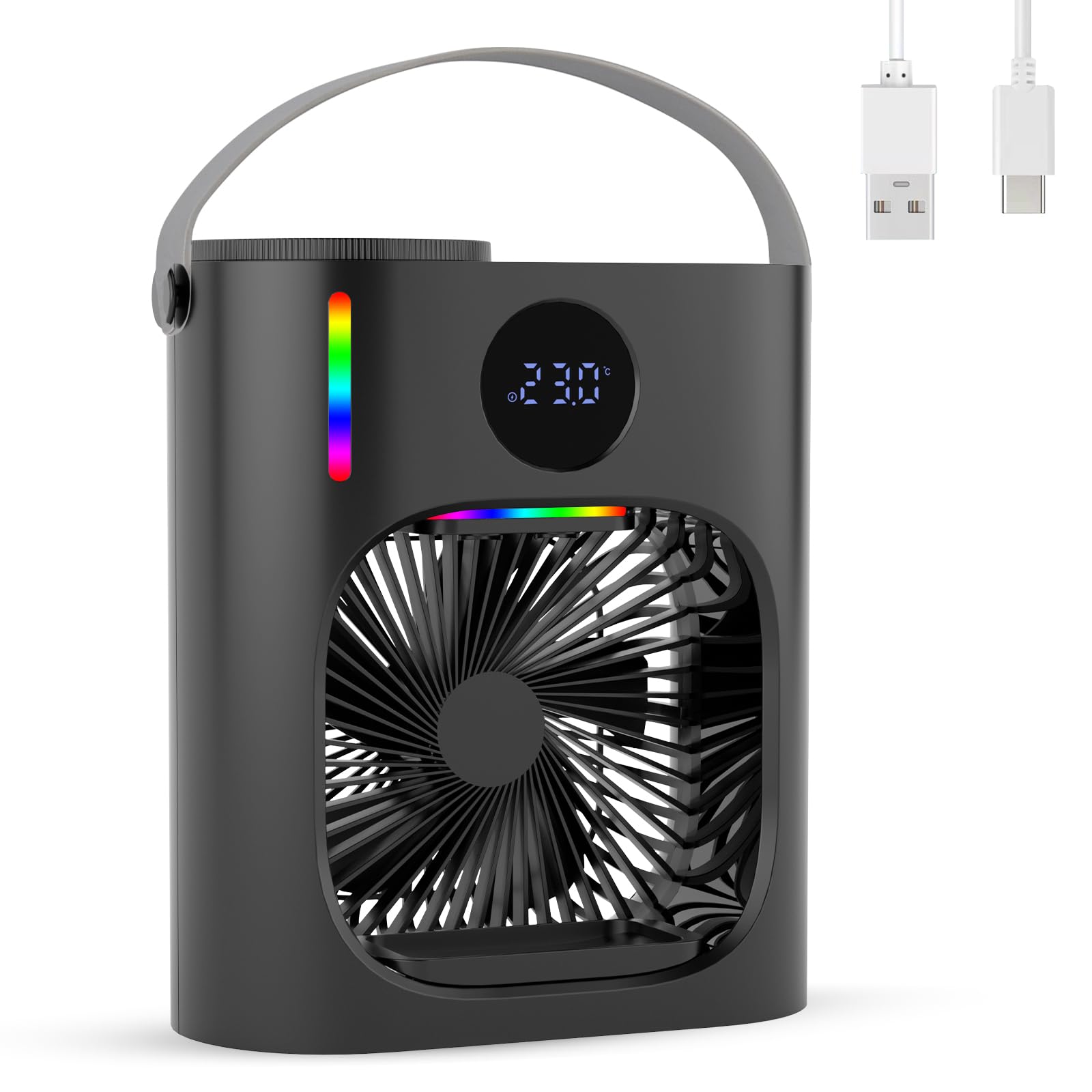 Aire Acondicionado Portatil, GuKKK 4 en 1 Mini Refrigerador de Aire Móvil Ventilador, 900ML Enfriador de Aire, USB Mini Aire Acondicionado, 3 Velocidades de Ventilador, para Hogar (Negro)