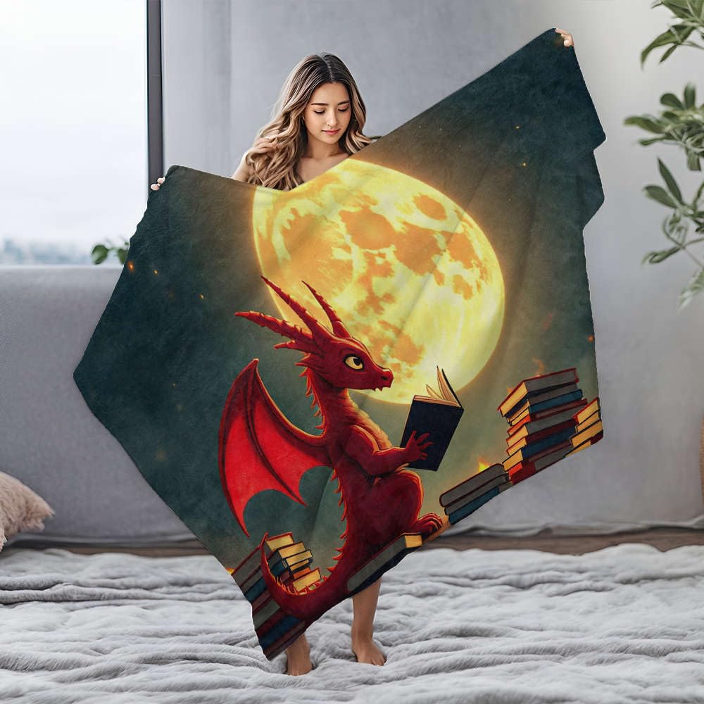 Plaid polaire dragon rouge lisant 150x200 : cadeau idéal pour lecteur