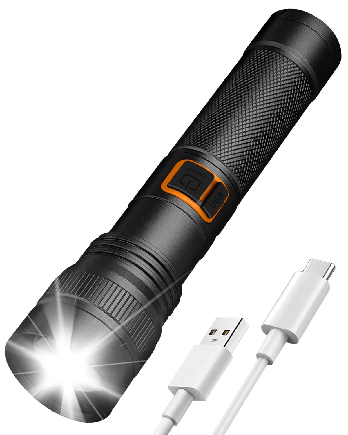 LED Torch Black –5000 Lumen Super Bright Rechargeable Torch, Zoomable Focus, 3 Modes, IP65 Waterproof, Type-C, 8-Hour Work-time, Compact & Durable for Camping, Hiking, Emergencies