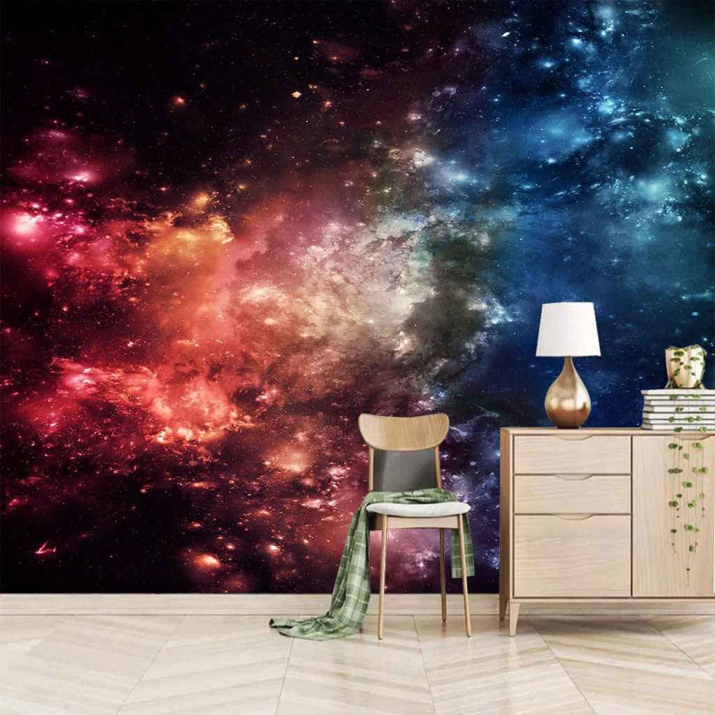 Papier peint auto-adhésif panoramique pour masquer un mur abîmé avec un effet 3D ciel étoilé