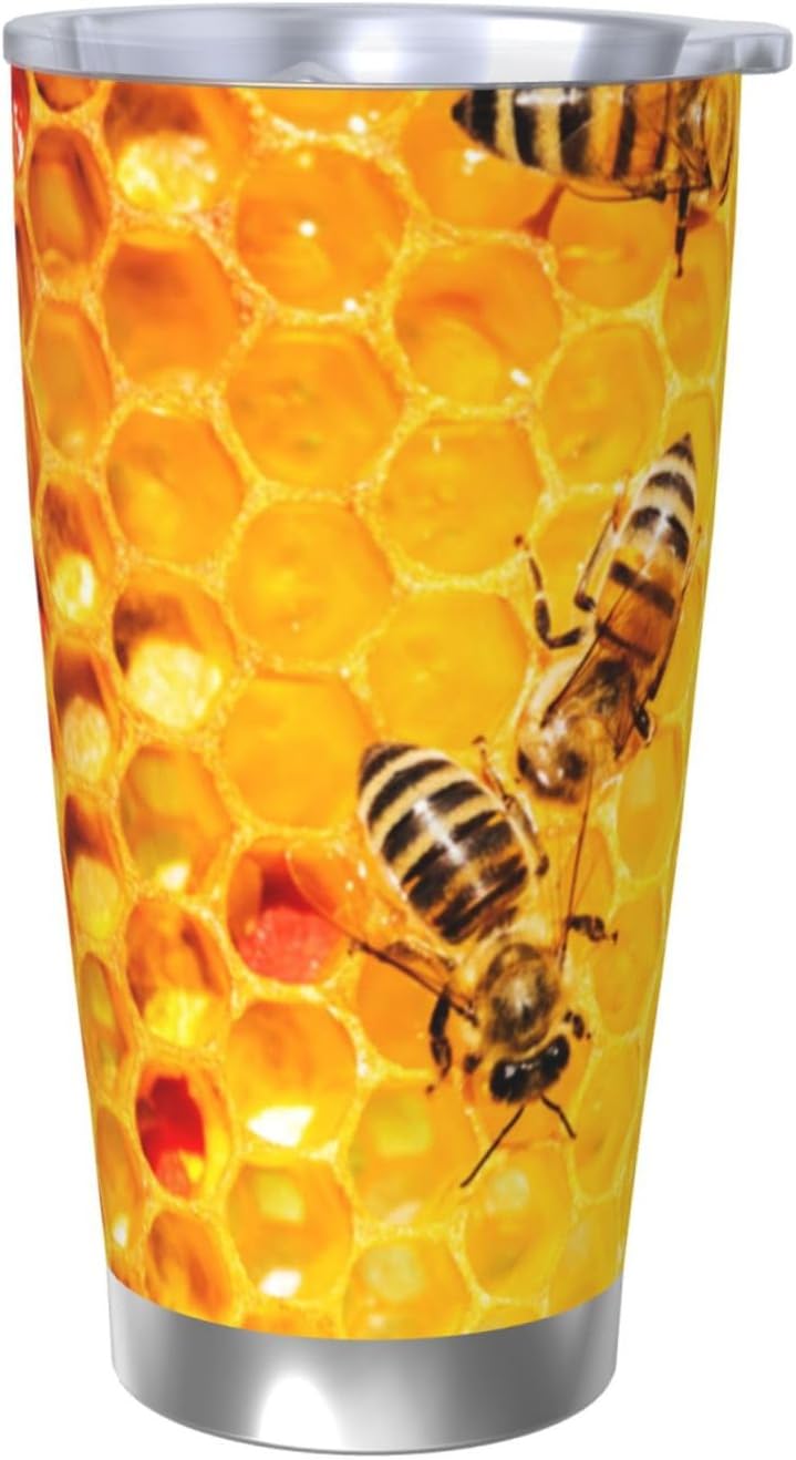 Bee On Honeycomb Print 20 Oz Single-Silver-Edge Stainless Steel Tumbler For Daily Use In Offices And Cars,Stainless Steel Mug With Lid,Insulated Cup For Water, Tea, Hot And Cold Drinks