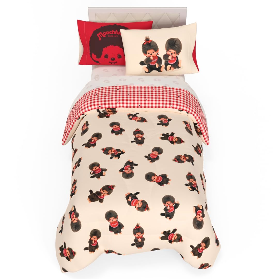 Monchhichi Bedding 5 Piece Single Duvet Cover Set - Soft and Comfortable Reversible Bedding Set with Pillow Sham - Officially Licensed Product Franco