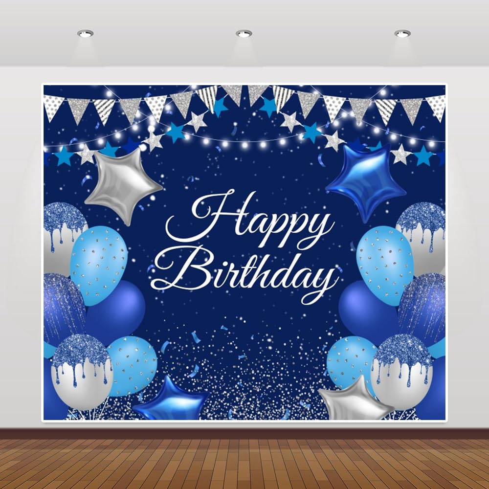Telón de fondo de vinilo con purpurina de 3 x 2,4 m, color azul real, para fotos de cumpleaños, globo azul, estrella, globo, sesión de fotos, banderines plateados, fondo de fotografía, decoración de