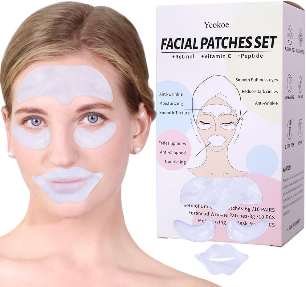 Yeokoe Forehead Wrinkle Patches,Under Eye Patches and Lip Mask 30 PCS. Face Masks Skincare With Retinol Serum For Anti-aging Puffy Eyes and Dark Circles