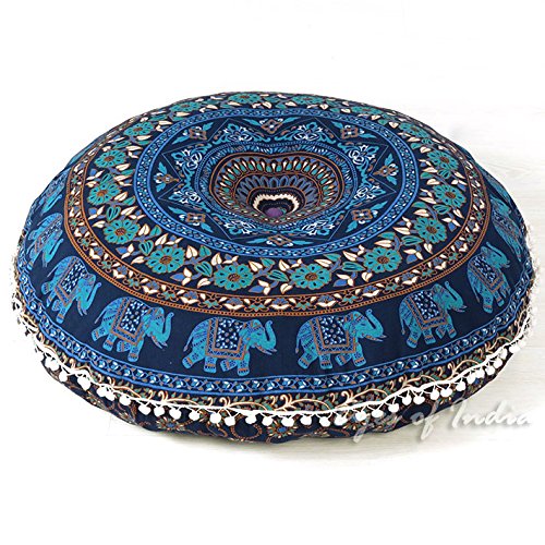 Eyes of India - Mandala Floor Pillow Cover Meditation Cushion Seating Throw Hippie Round Colorful Decorative Bohemian Indian Pouf Ottoman Handmade Cover ONLY (M1 Dark Blue, 32" x 32")