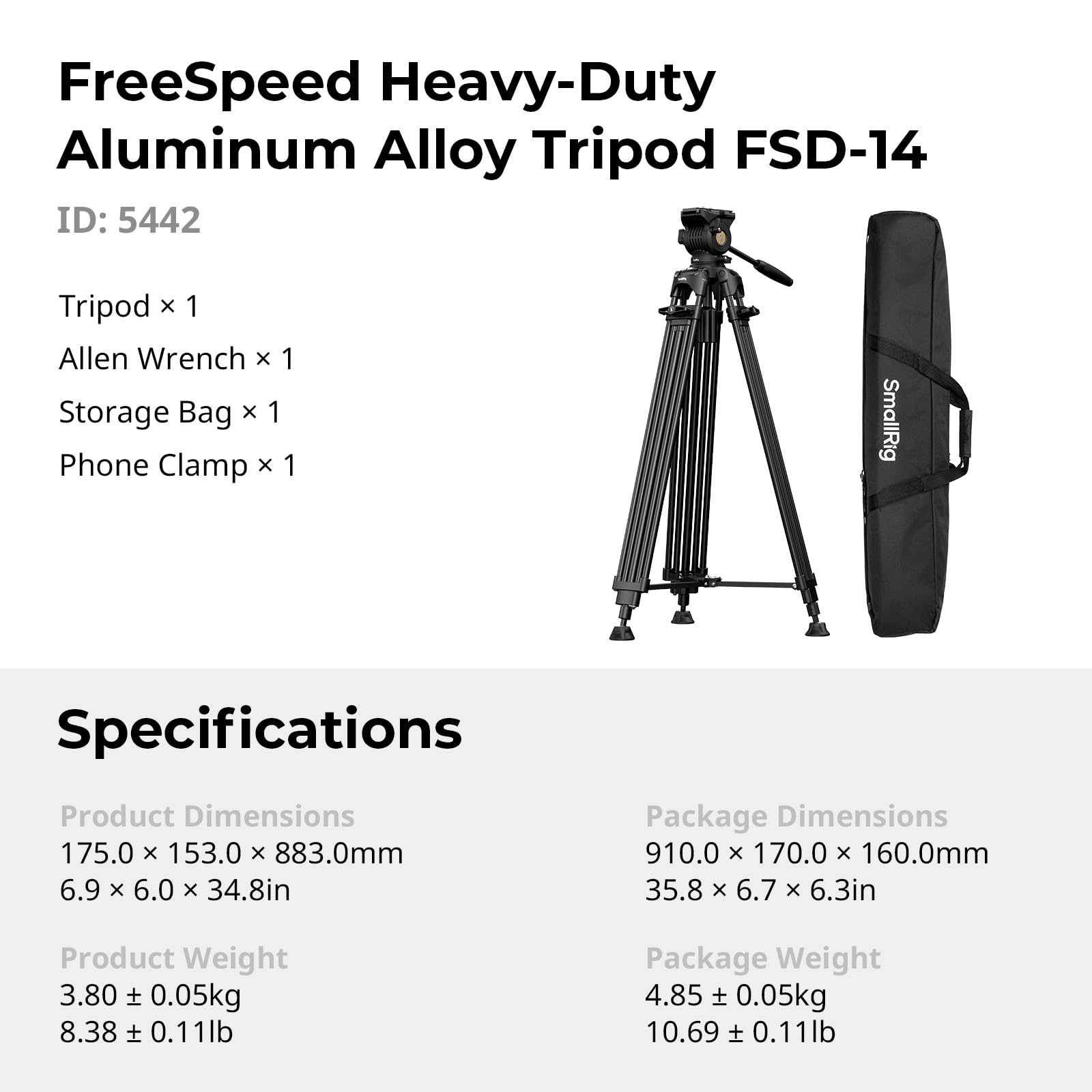 SMALLRIG Statyw wideo FreeSpeed ​​Heavy Duty, 75" z głowicą 360° Fluid do płytki MFT, z szybkim rozkładaniem jednym pokrętłem, z czaszą 75 mm, o udźwigu do 8 kg, do lustrzanek - FSD14
