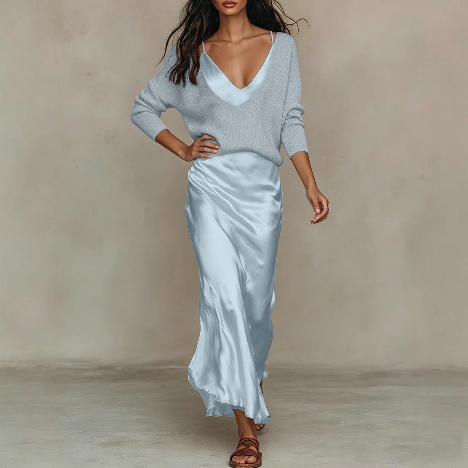 Generico Elegante Completo Due Pezzi in Maglia Top Unito e Abito in Raso per Donna Outfit Primaverile Estivo Autunnale da Tempo Libero appuntamento Festa