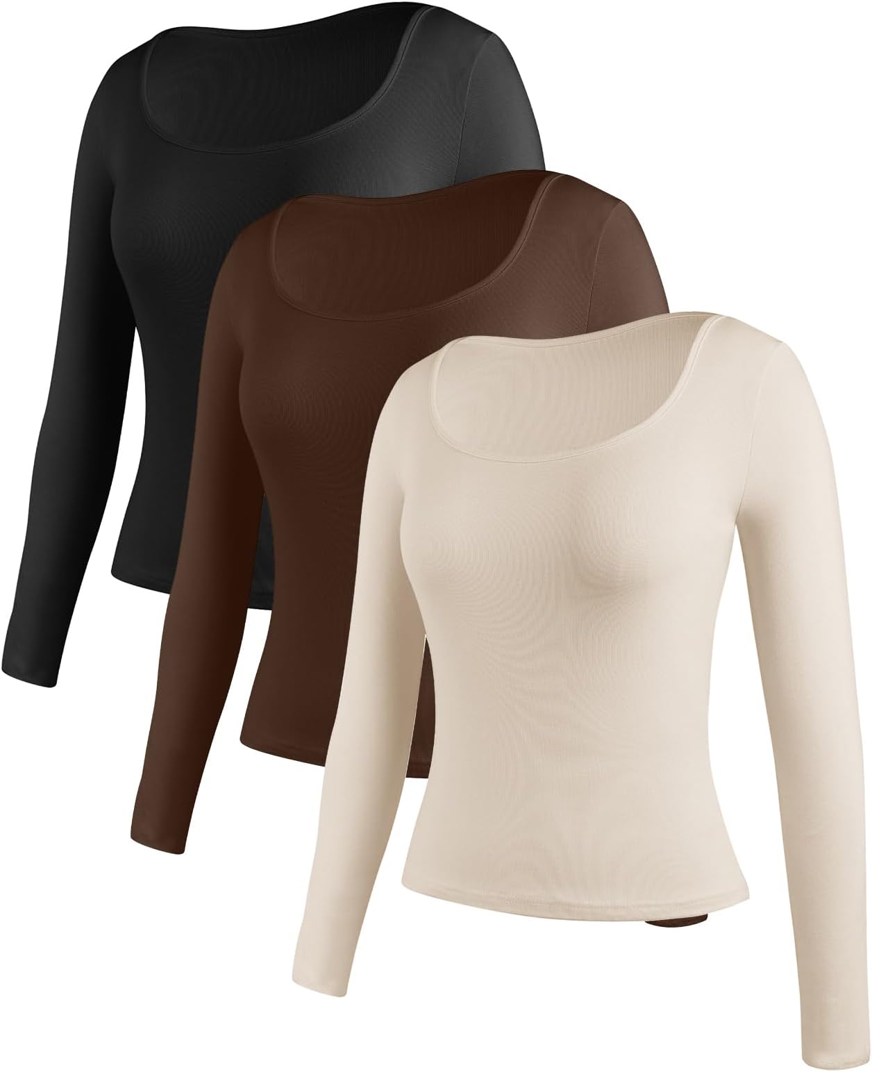 AranmeiWomens Long Sleeve Tops Scoop Neck Slim Fit Basic Thermal Shirts Fashion Layering Undershirt 3 Pack