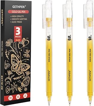 GETHPEN Gold Gel Pens 3-Pack - 0.6/0.8/1.0mm Fine to Bold Tips for Black Paper, Bullet Journaling & Holiday Crafts - Metallic Ink Set for Artists, Card Making & DIY Gifts