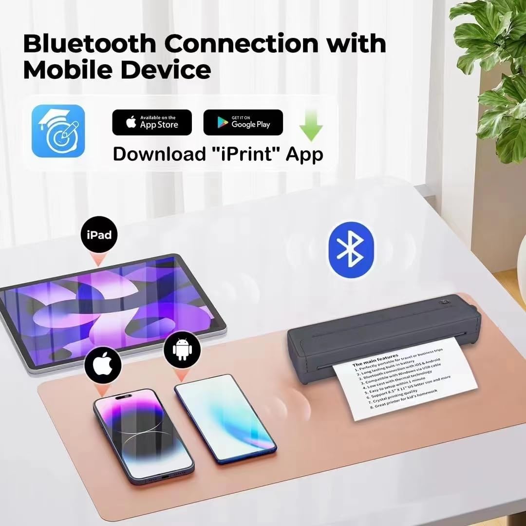 Impresora Termica Portatil A4, Impresora Inalámbrica Portátil Bluetooth Impresora Móvil Sin Tinta, Compatible con Formato A4, Impresora Térmica Compatible con Smartphone y Portátil